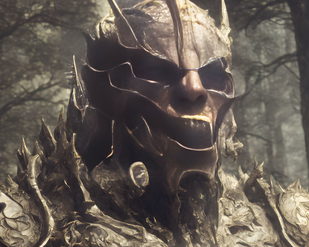 Fantasy character with horned metallic mask and armor in misty forest