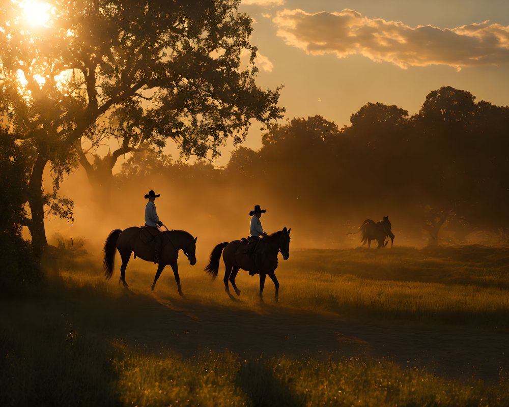 Cowboys on horses in golden sunset landscape.