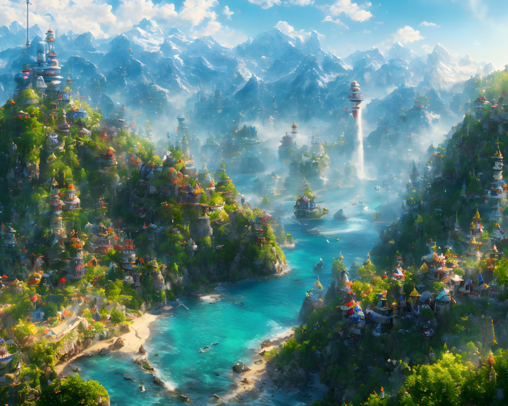 Fantastical landscape with pagoda-style buildings, misty mountains, lush greenery, and serene