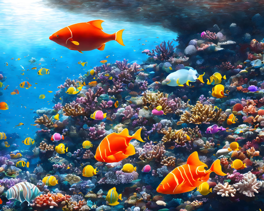 Colorful Coral Reef Teeming with Diverse Fish Species