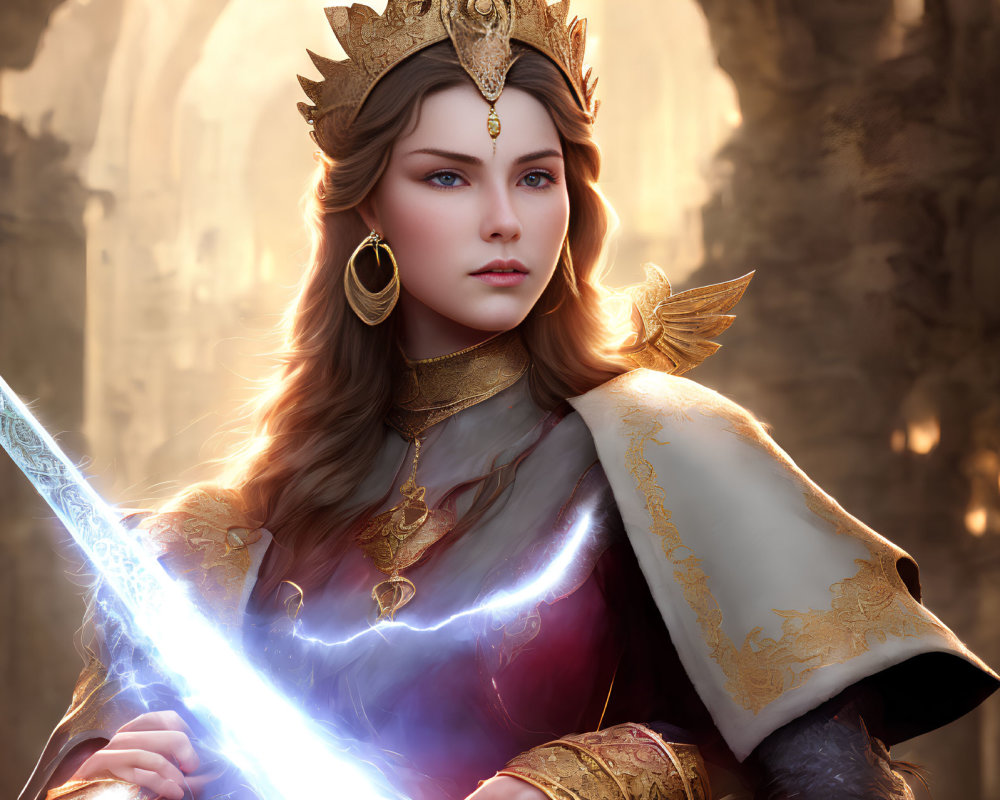 Regal woman in crown and armor with glowing sword on golden backdrop