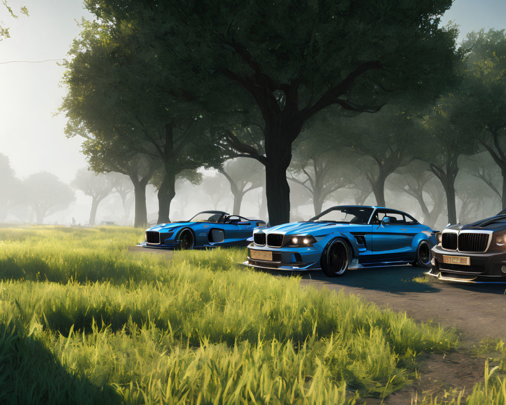 Three Blue Sports Cars Parked in Grassy Field with Misty Tree Backdrop