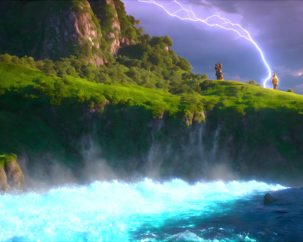 Scenic artwork: blue river, green hills, lightning, characters on cliff