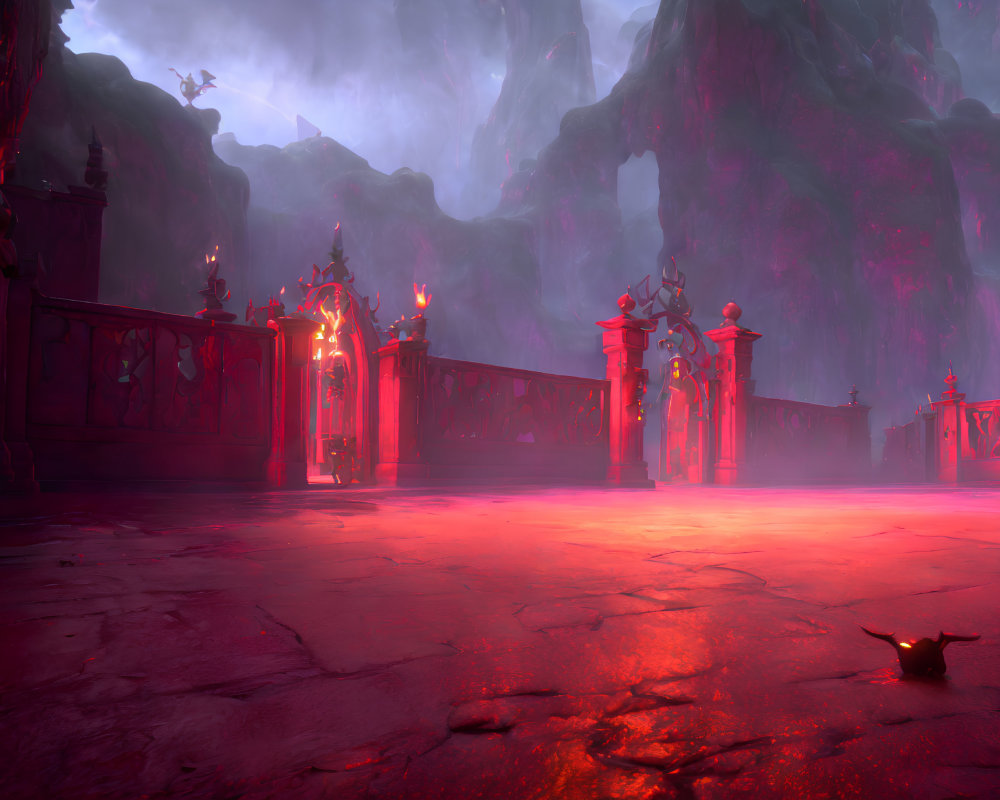 Fantastical landscape with glowing red floor and eerie cliffs