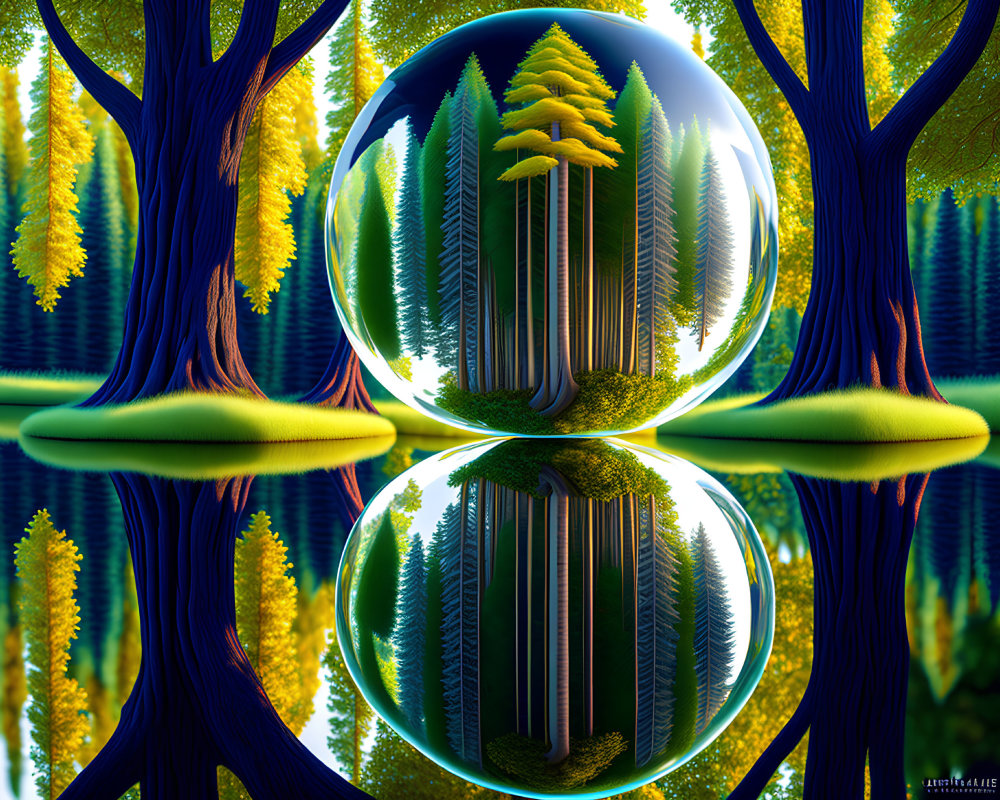 Digital art: Serene forest scene with reflective sphere capturing inverted trees