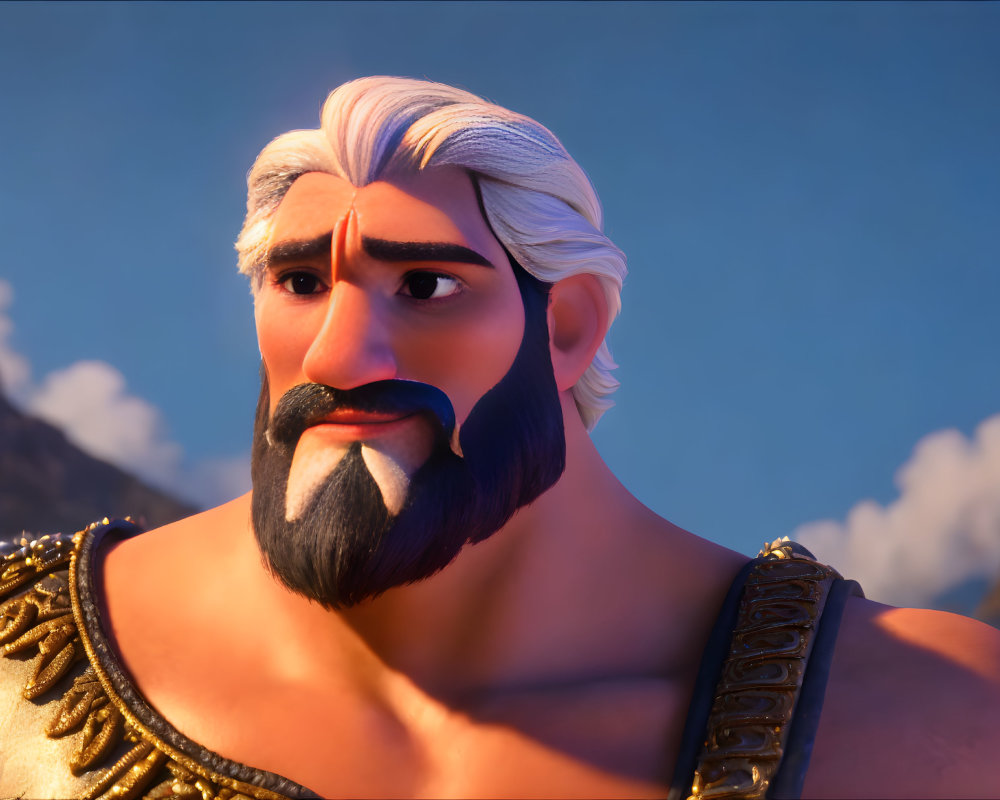 Muscular Animated Man with Square Jaw and Beard under Twilight Sky