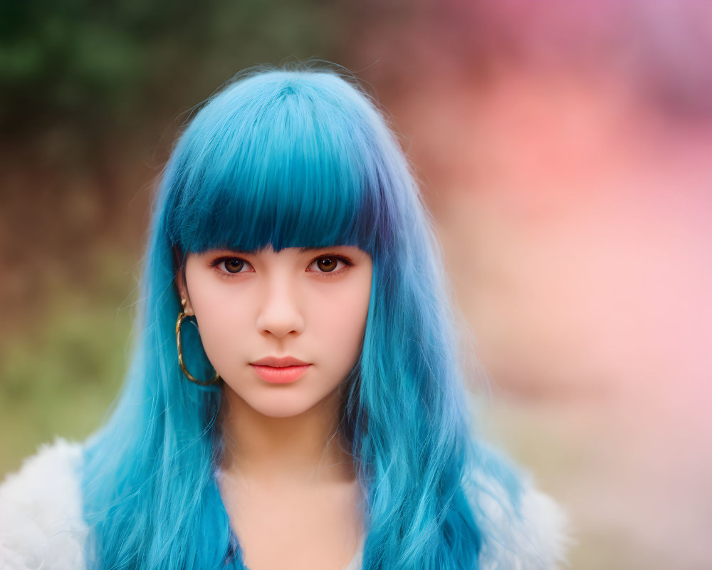 Vibrant blue-haired woman portrait with hoop earring on colorful backdrop