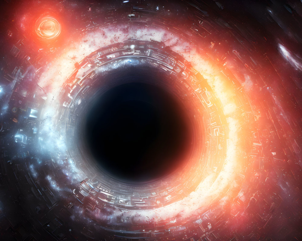 Detailed Sci-Fi Art: Massive Black Hole with Accretion Disk and Space Debris