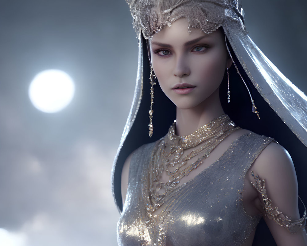 Mystical woman with pointy ears in silver crown under luminous moon