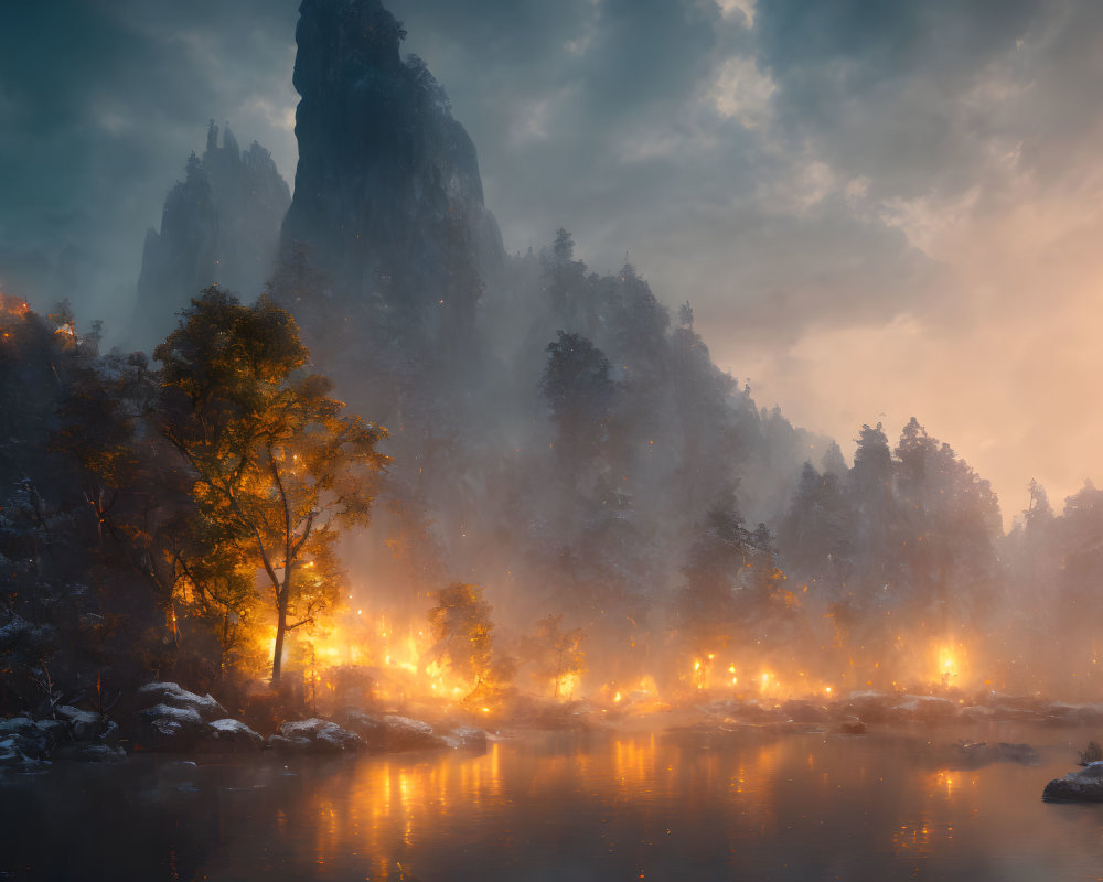 Majestic forested mountains with serene river and mystical fog at dusk or dawn