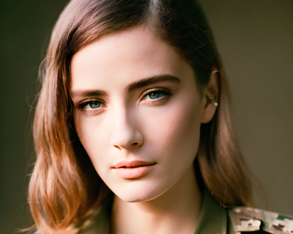 Portrait of Woman with Brown Hair and Green Eyes in Camo Jacket