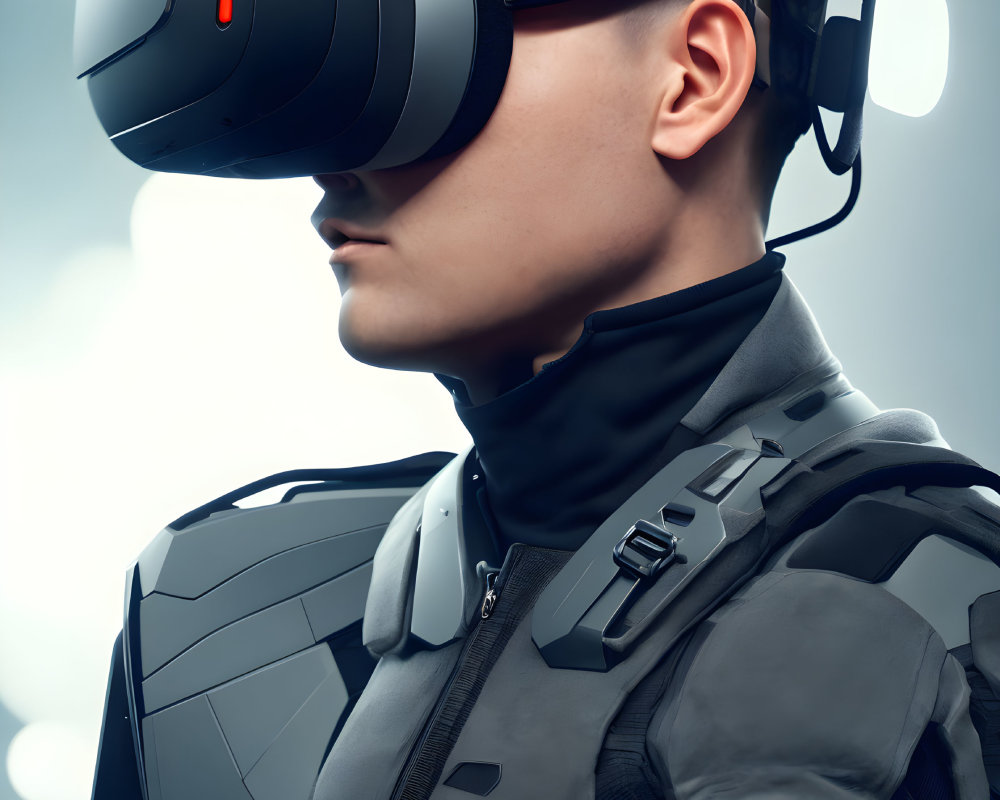 Futuristic VR headset and body armor on person against blue background