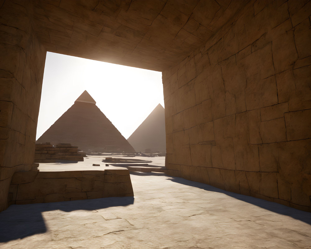 Egyptian Pyramids Silhouetted in Sunlight from Ancient Stone Structure