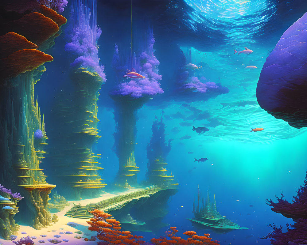 Vibrant coral structures and fish in underwater ruins with ancient pillars.