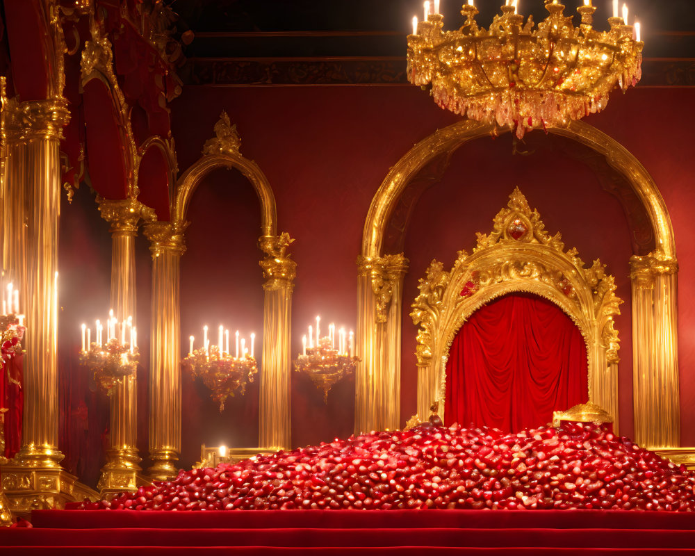 Luxurious Red-themed Room with Grand Chandelier and Golden Arches