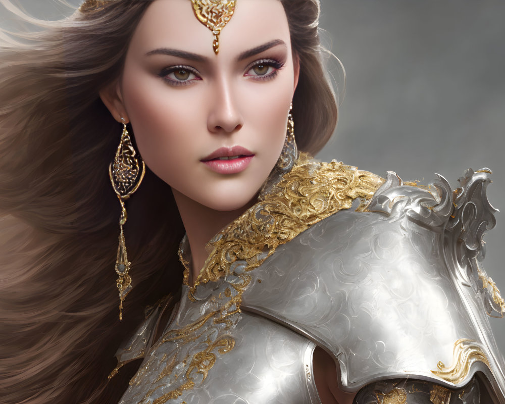 Digital artwork of a regal woman in ornate armor and gold jewelry.