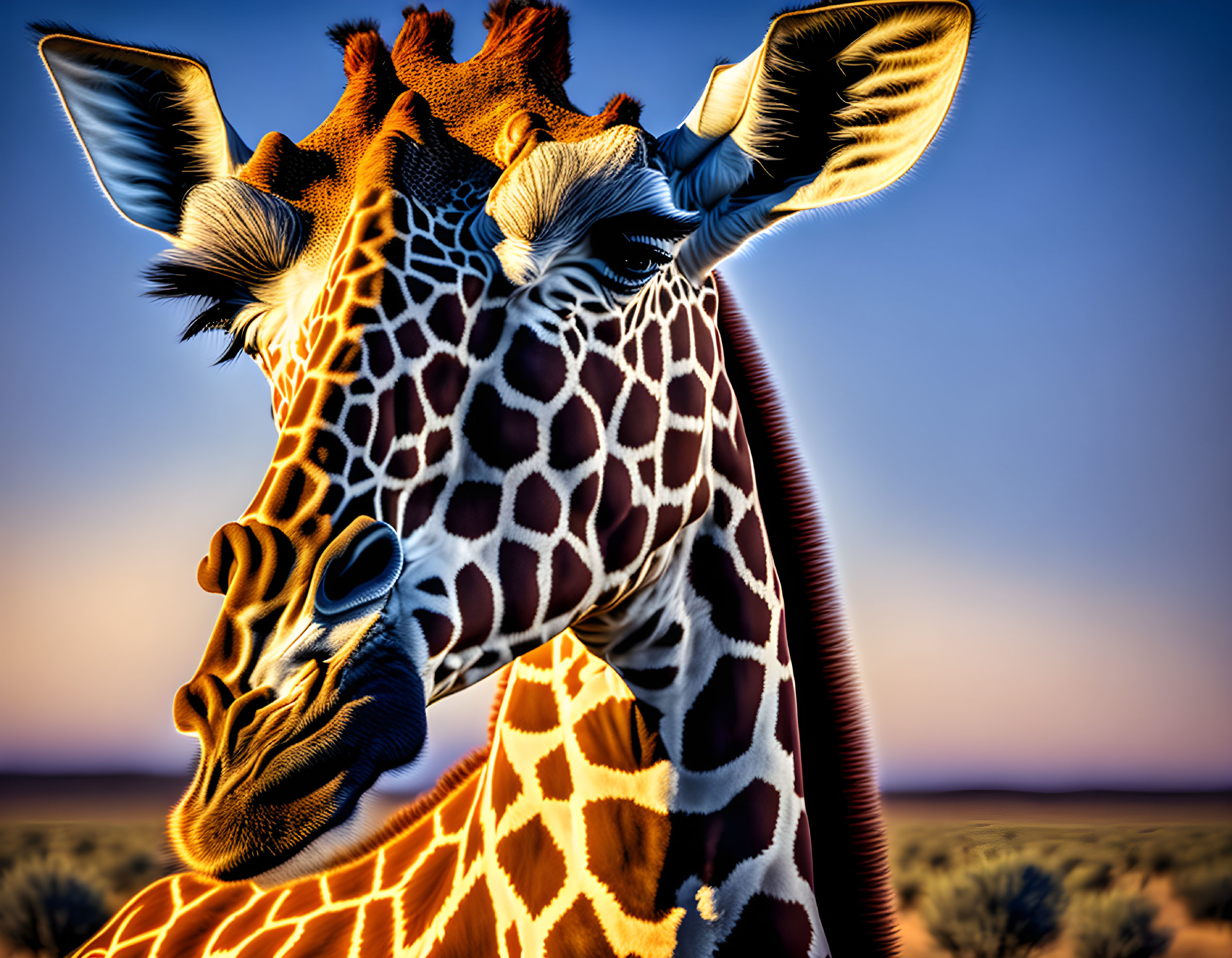 Giraffe portrait against blue sky and sparse vegetation horizon