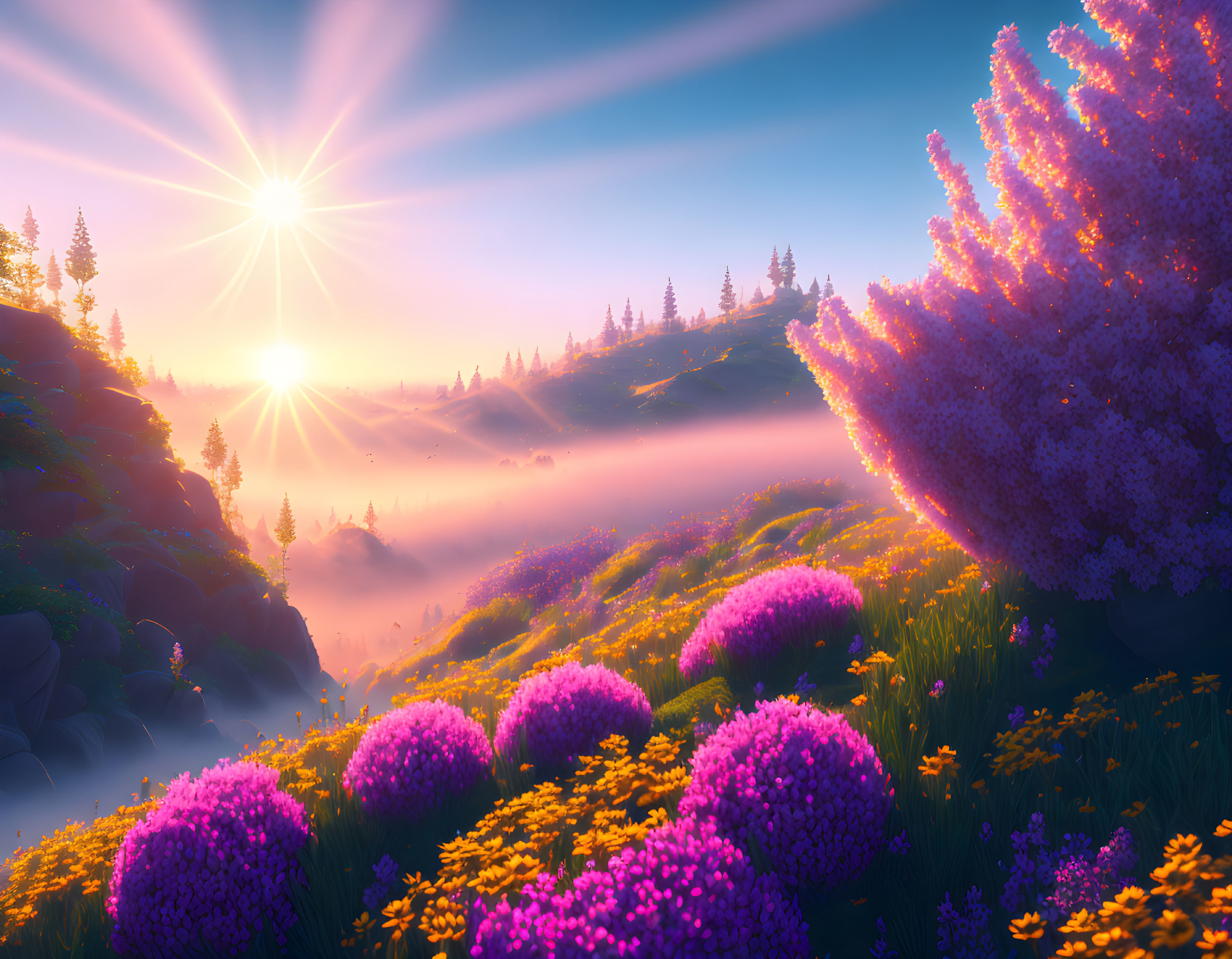 Scenic sunrise landscape with mist, wildflowers, greenery, and radiant sun