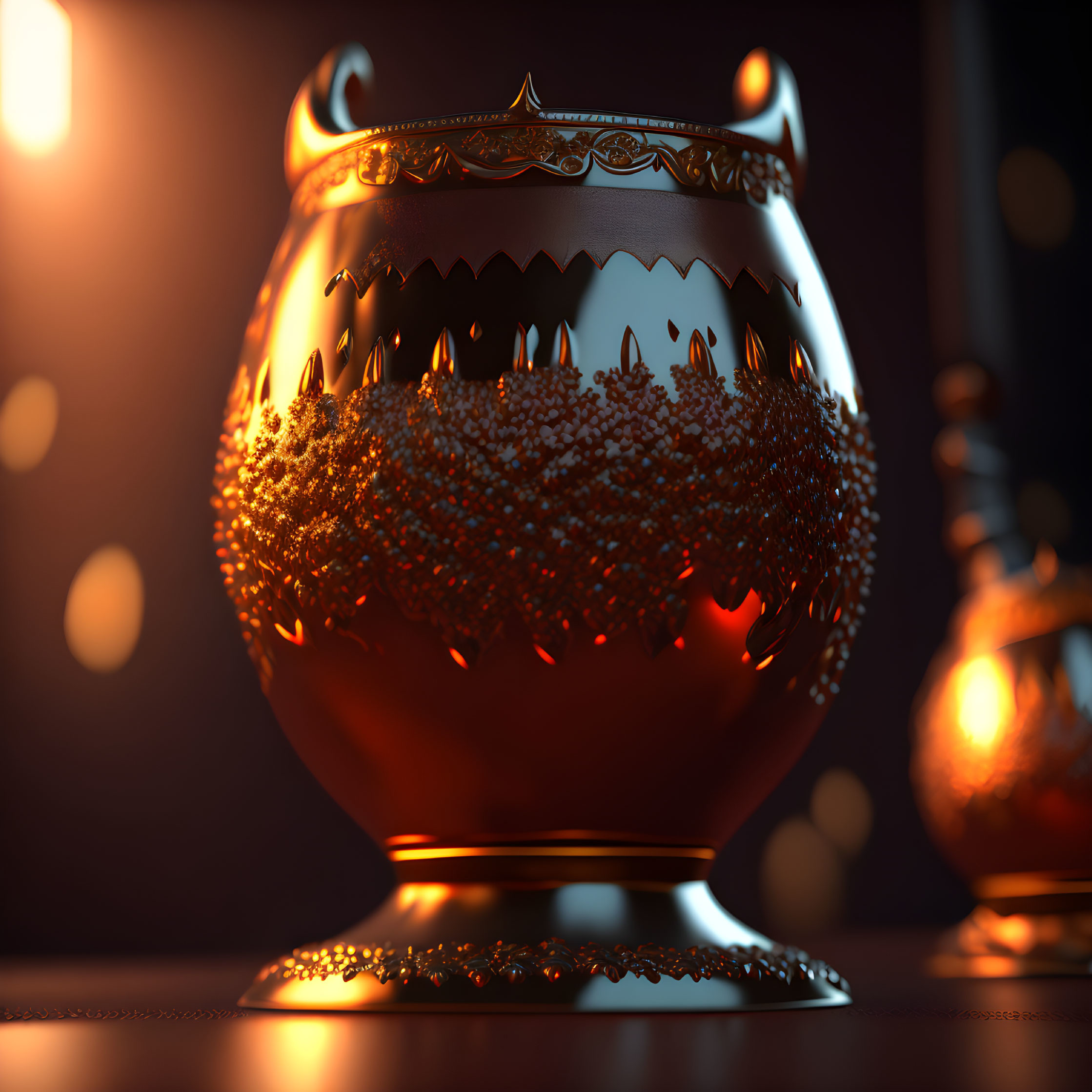 Intricate glowing bronze cauldron on dark background