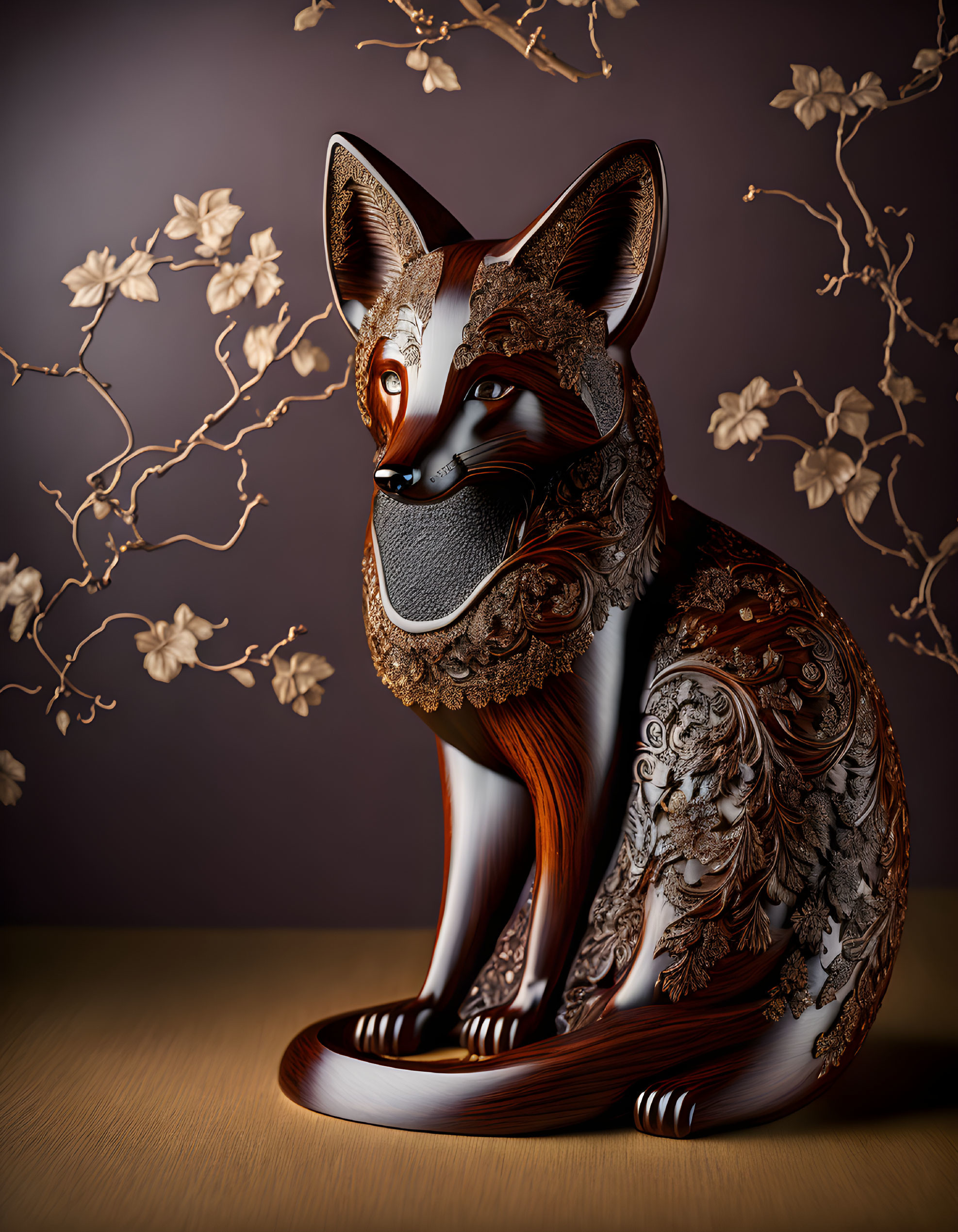 Detailed Fox Sculpture with Ornate Designs on Blossoming Branch Background