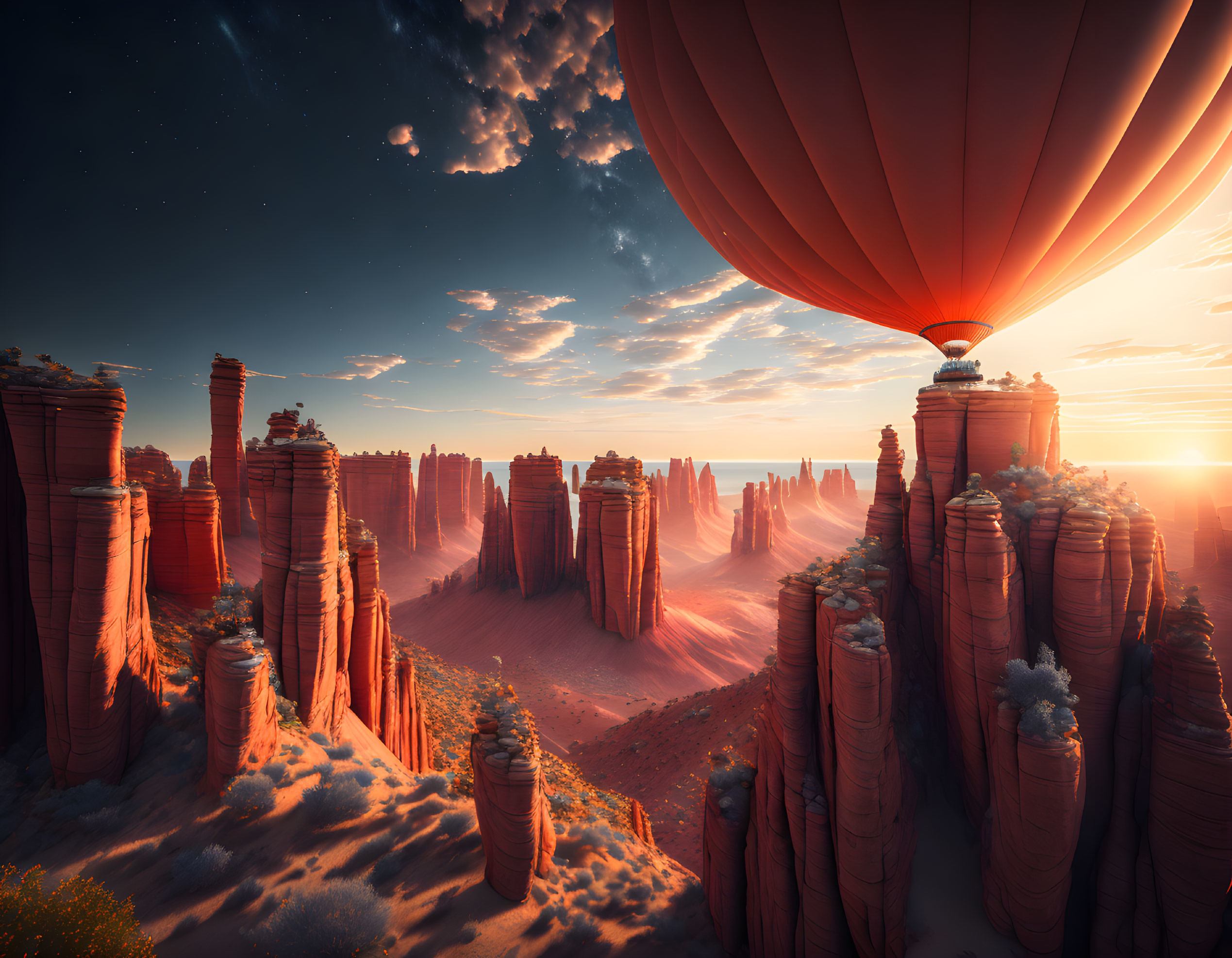 Hot air balloon over stunning desert landscape with red rock formations at sunset