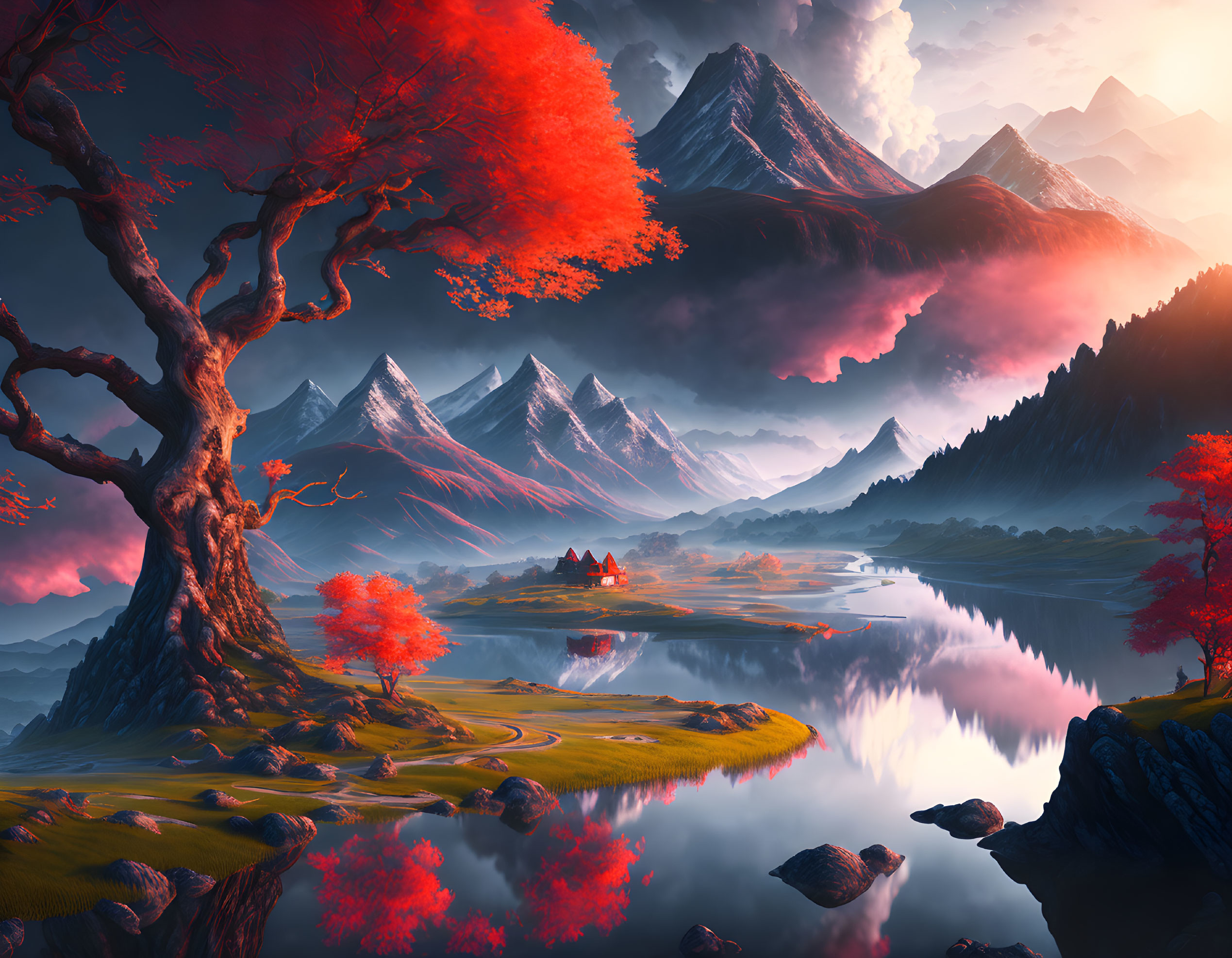 Majestic tree with red foliage overlooking tranquil lake and snowy mountains.