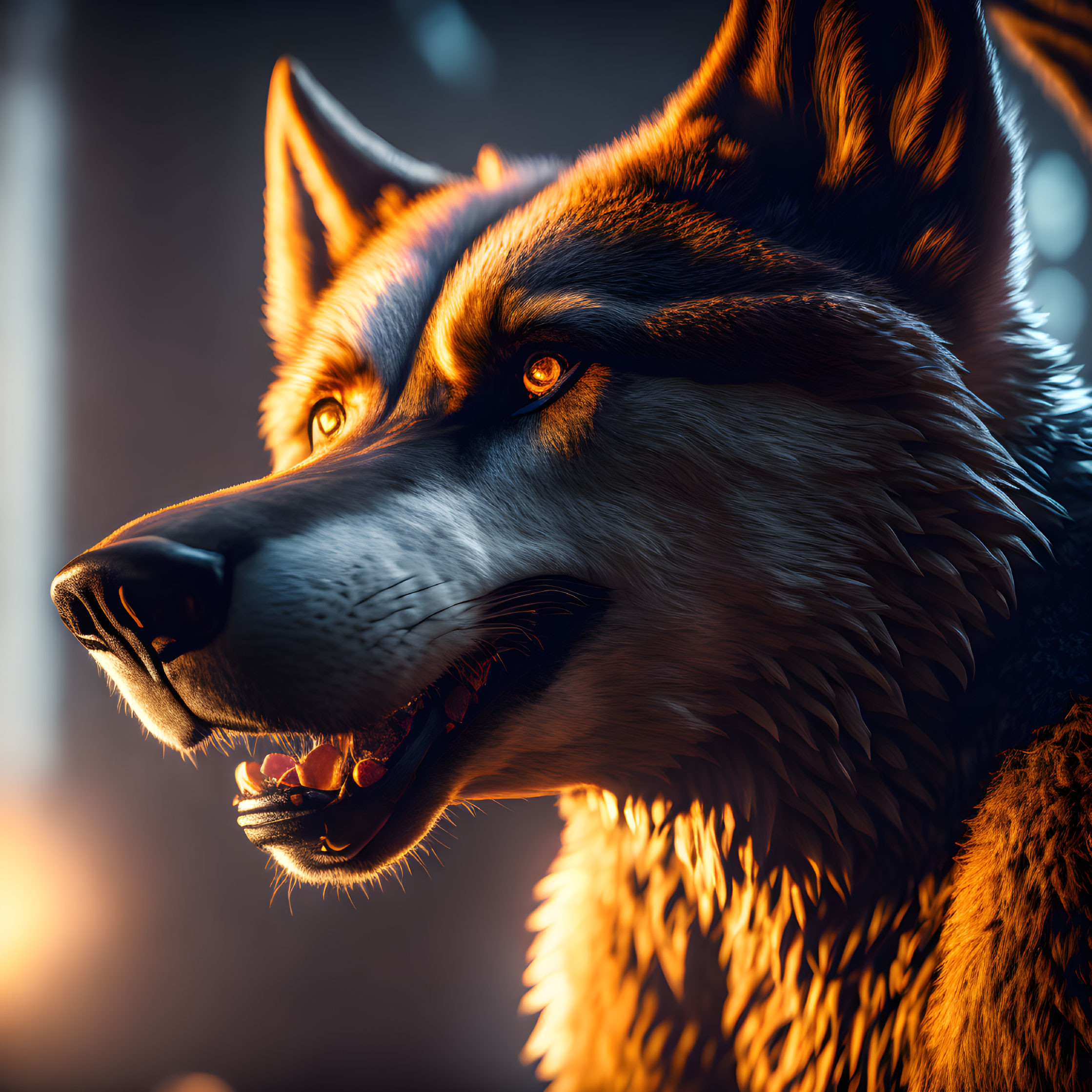 Detailed 3D-rendered wolf with realistic fur and warm backlighting