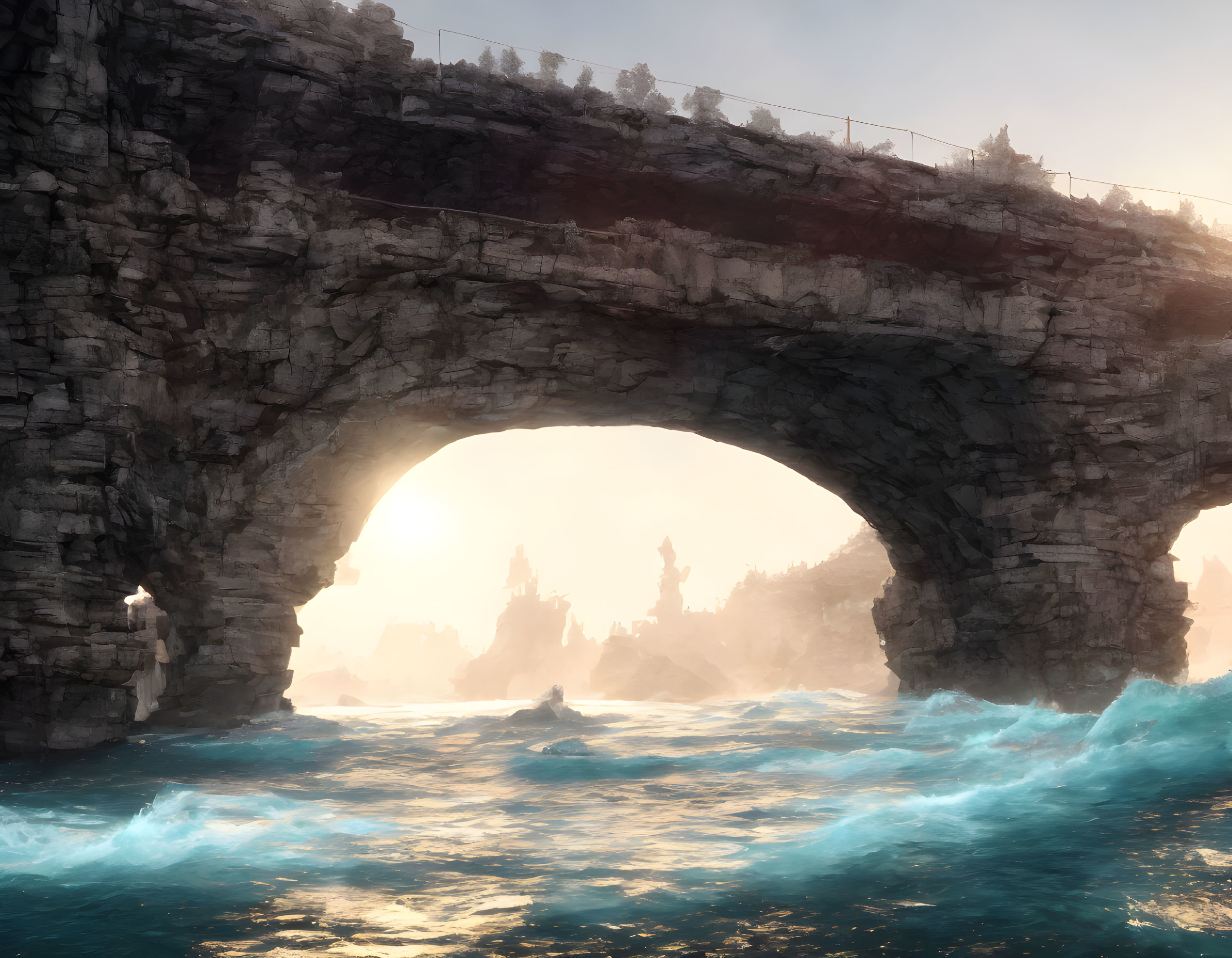 Natural Stone Arch Over Turbulent Waters with People Observing