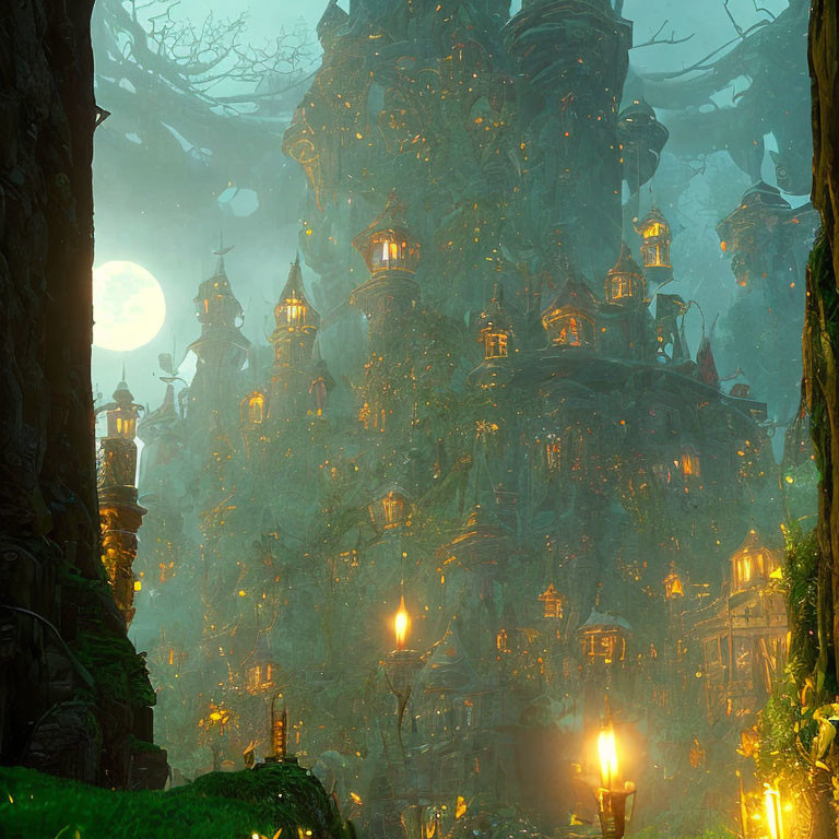 Ethereal fantasy tree city at night in misty forest