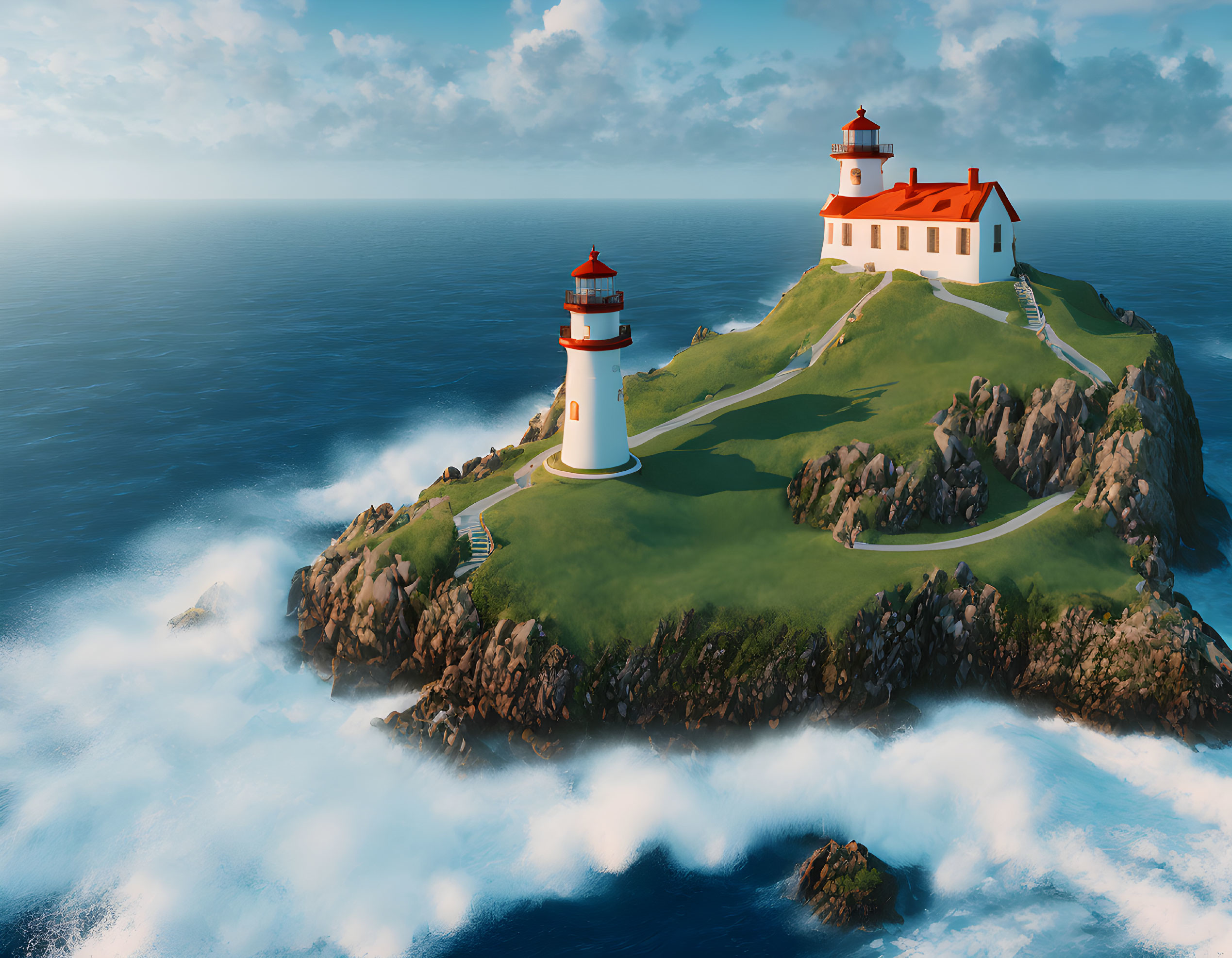 Coastal landscape with two lighthouses on cliff islands