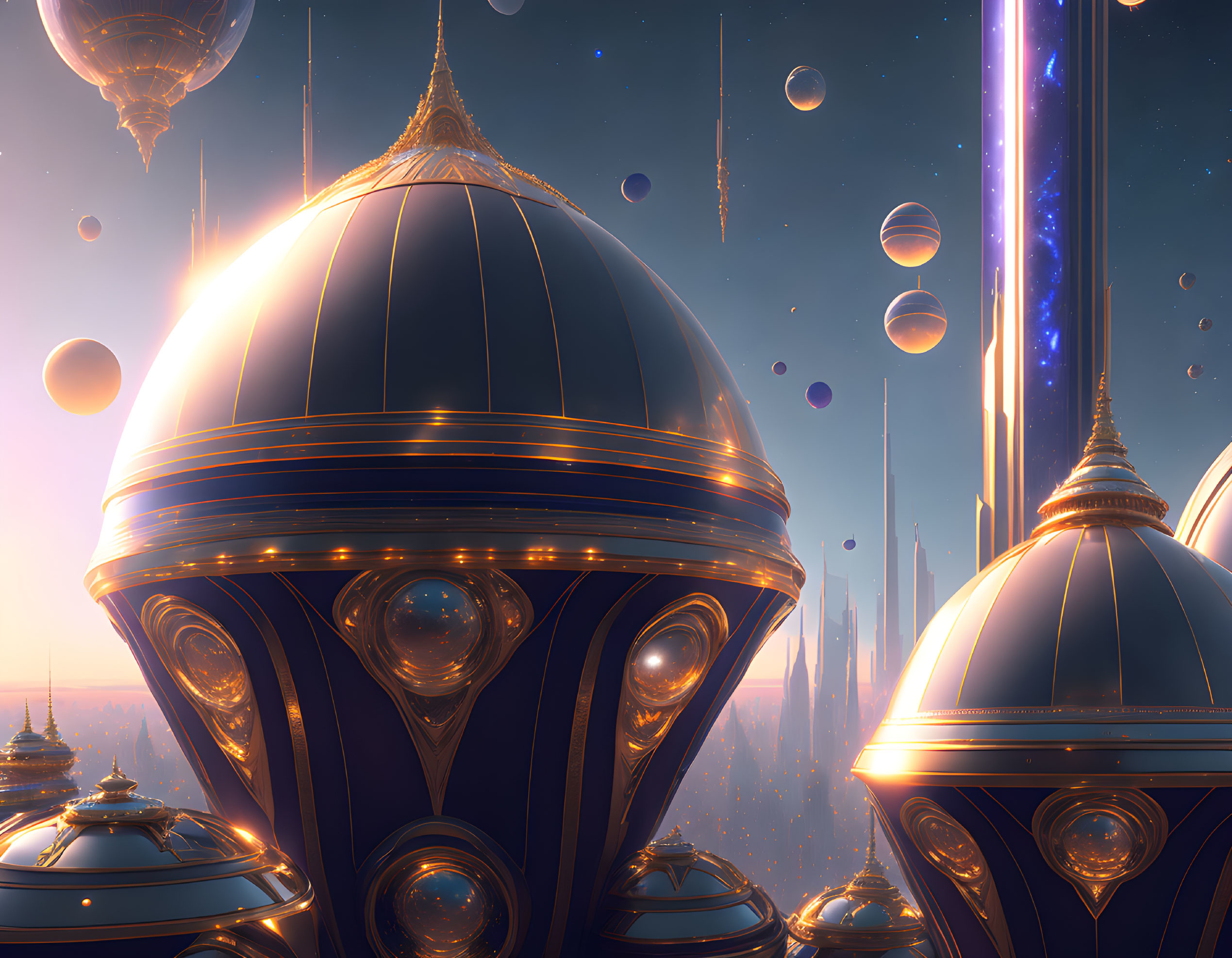 Futuristic cityscape with domed structures and glowing outlines in a surreal setting