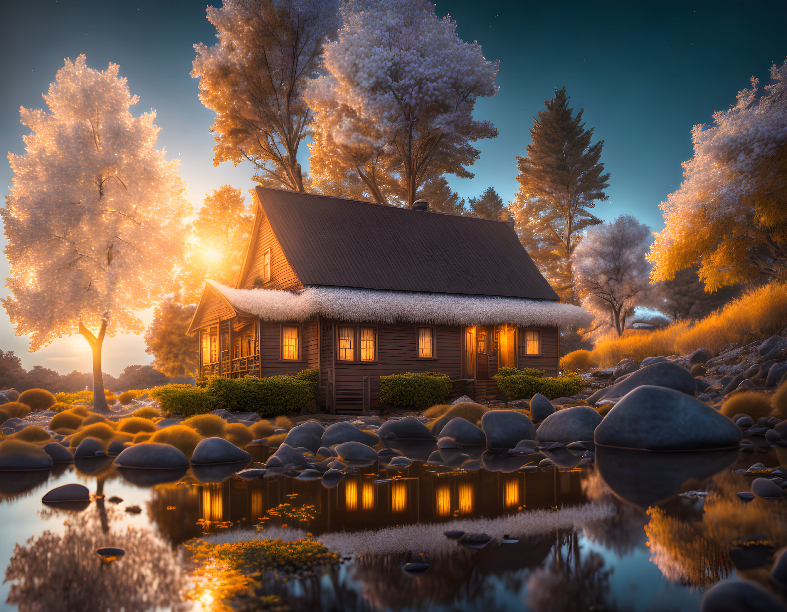 Tranquil twilight landscape with cozy cabin by river