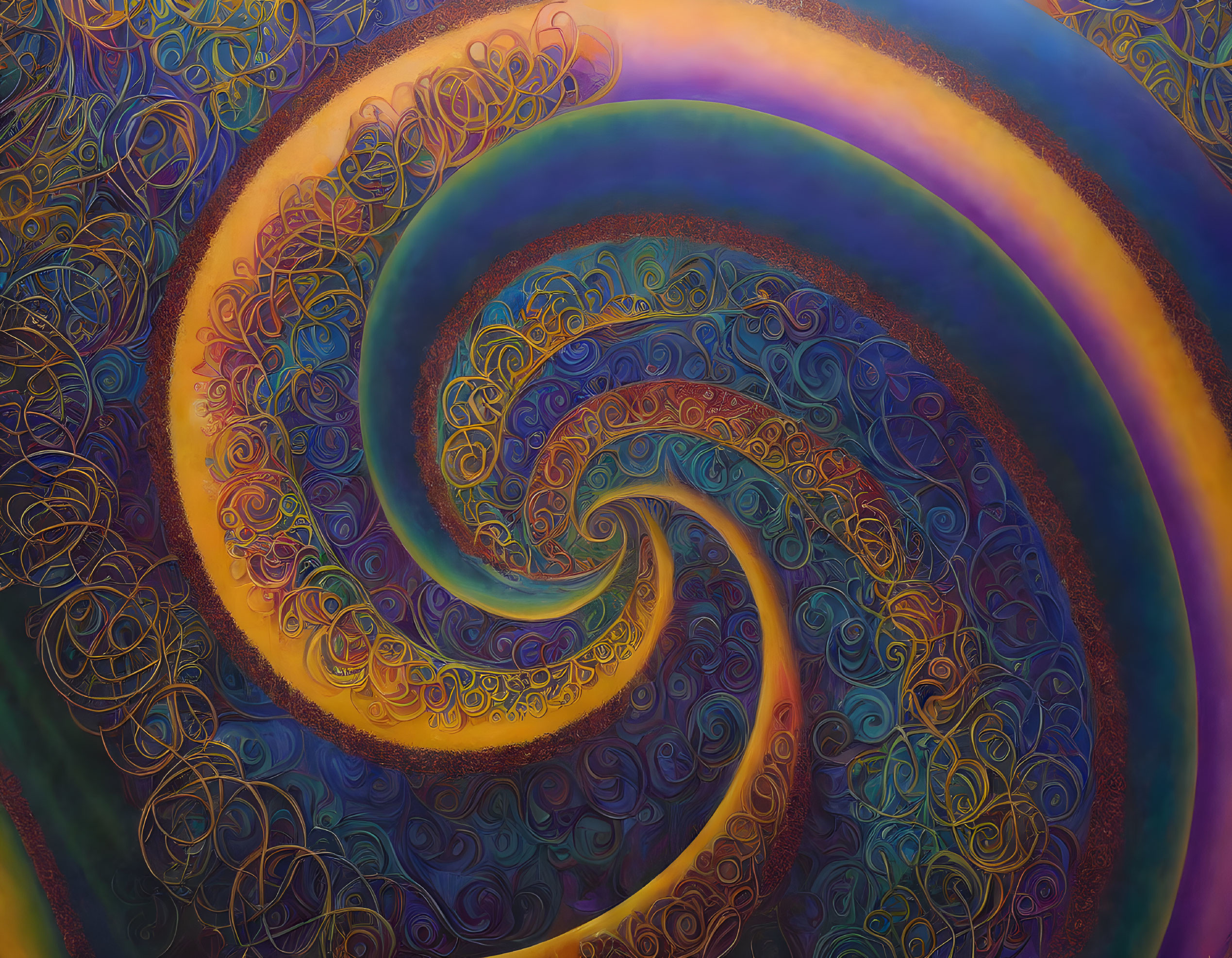 Colorful Abstract Painting with Swirling Purple, Blue, and Gold Patterns