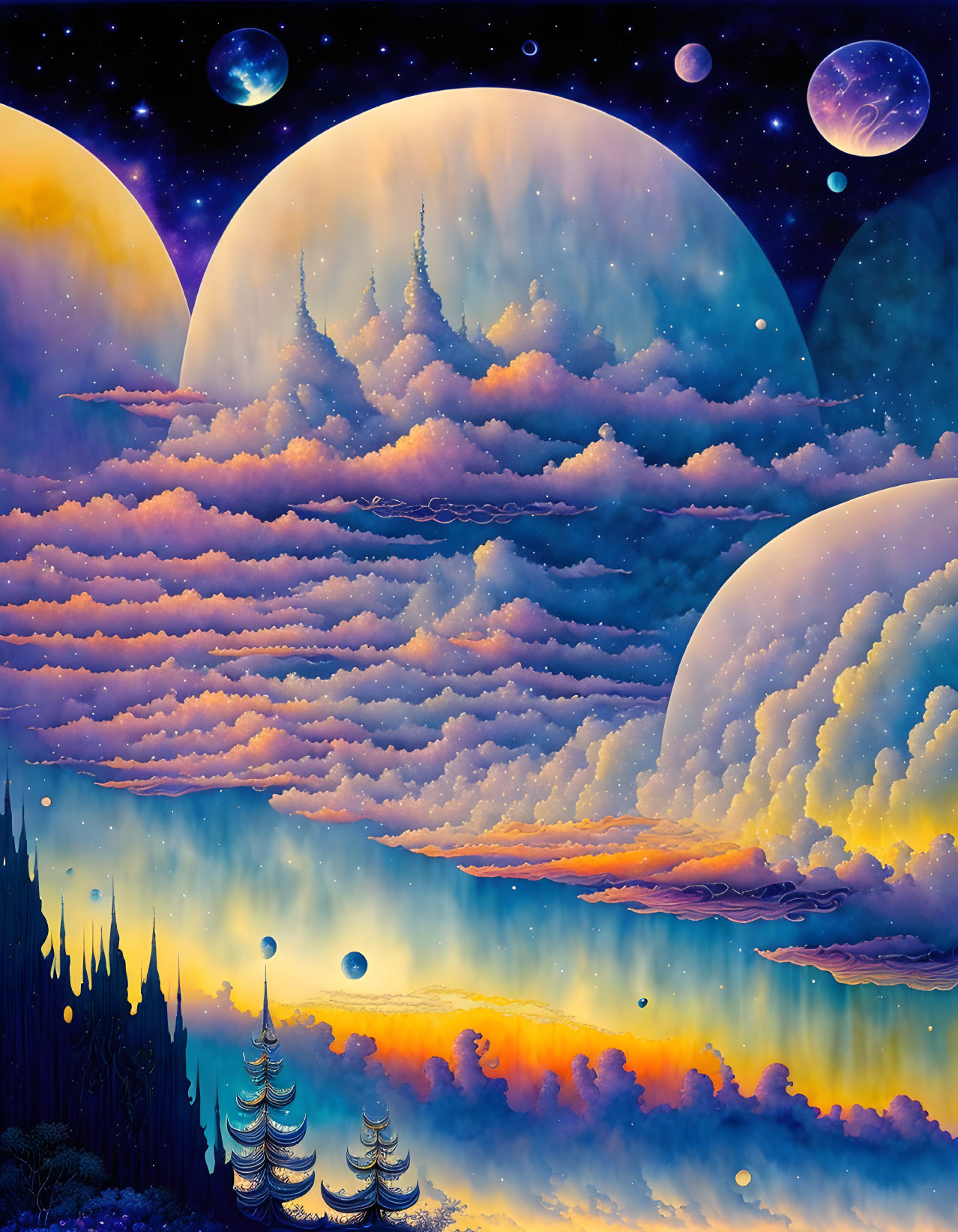 Fantasy landscape with multiple moons, nebulous clouds, castle, and starlit sky