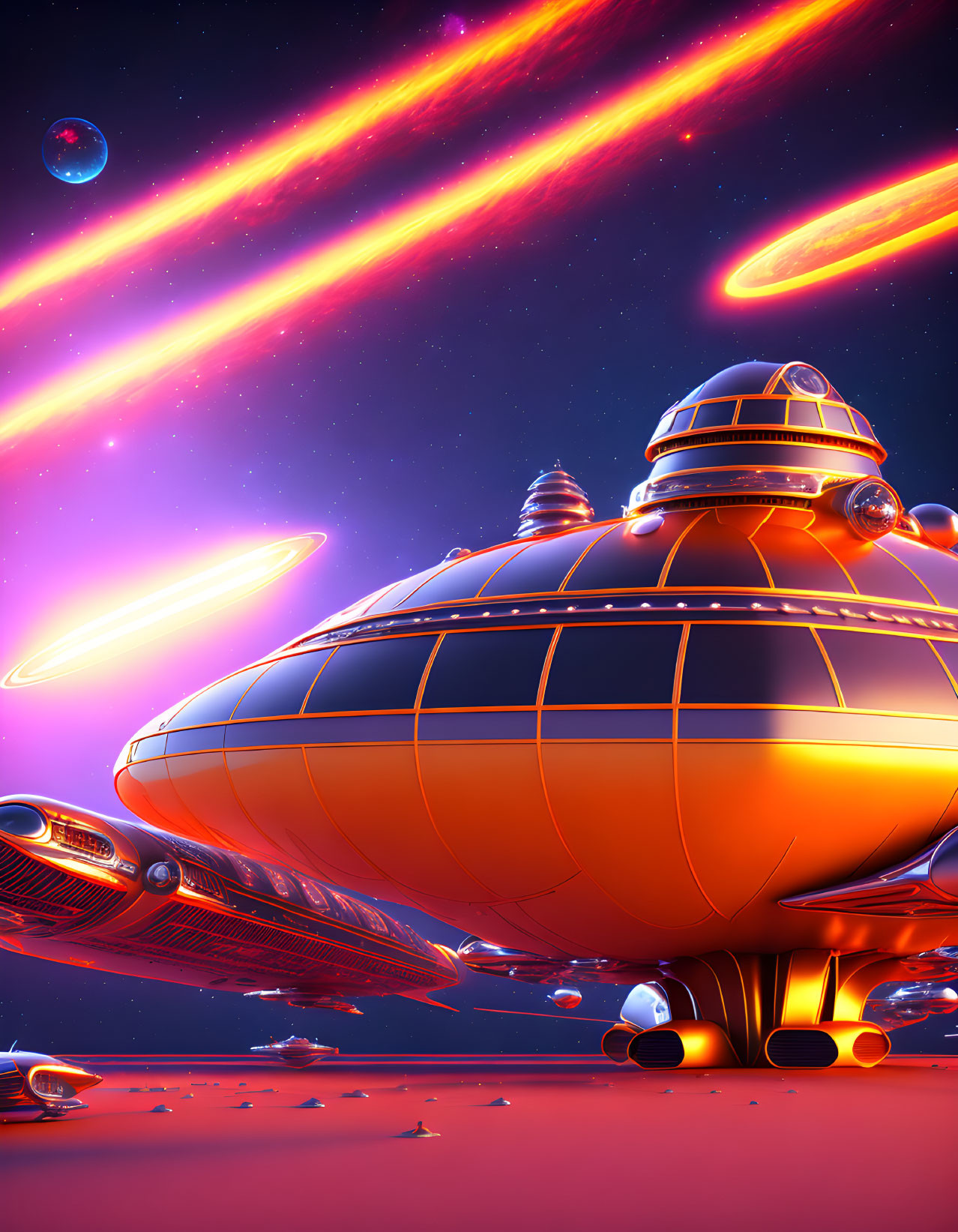 Futuristic orange spaceship on alien planet under starry sky