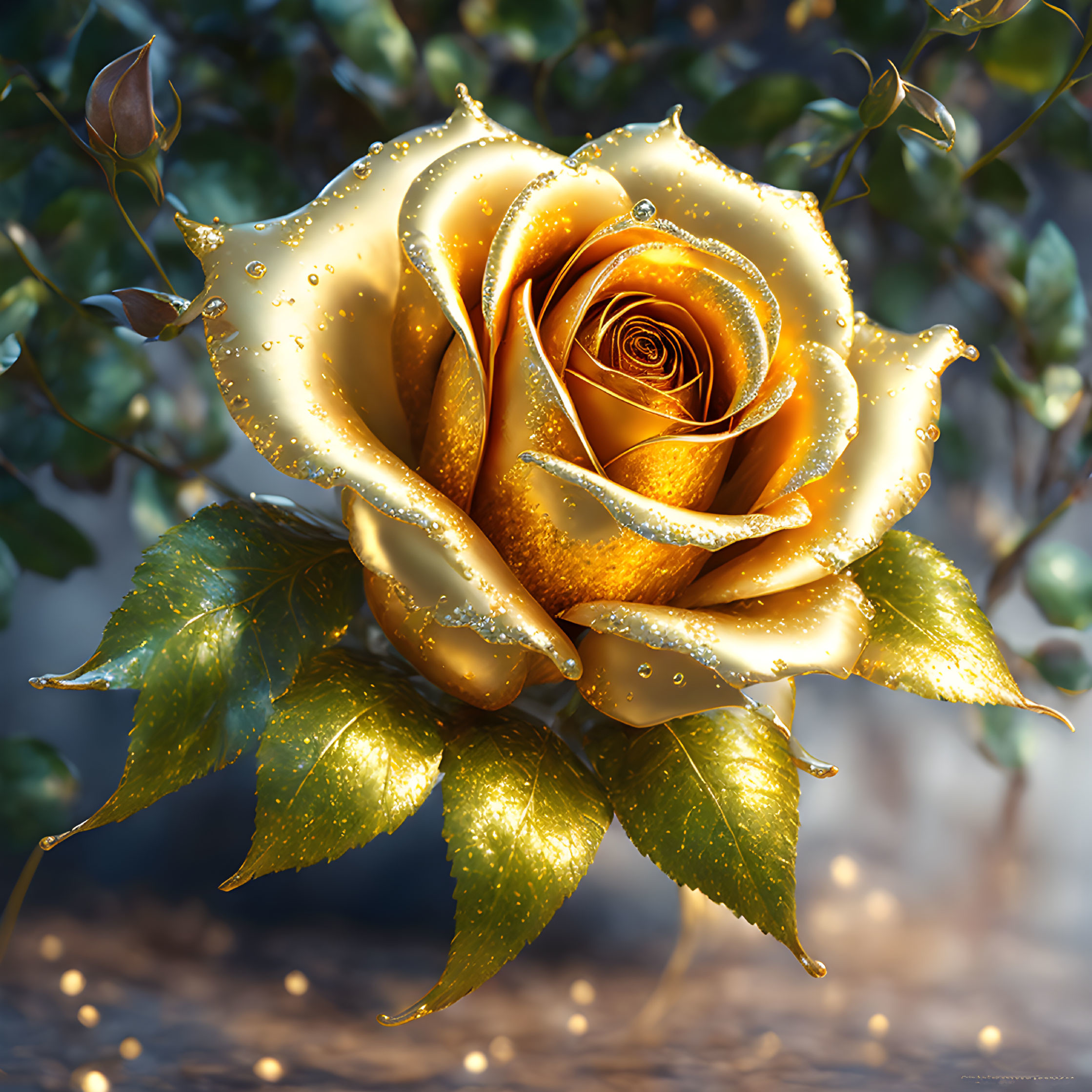 Golden Rose with Glittering Water Droplets on Petals and Leaves