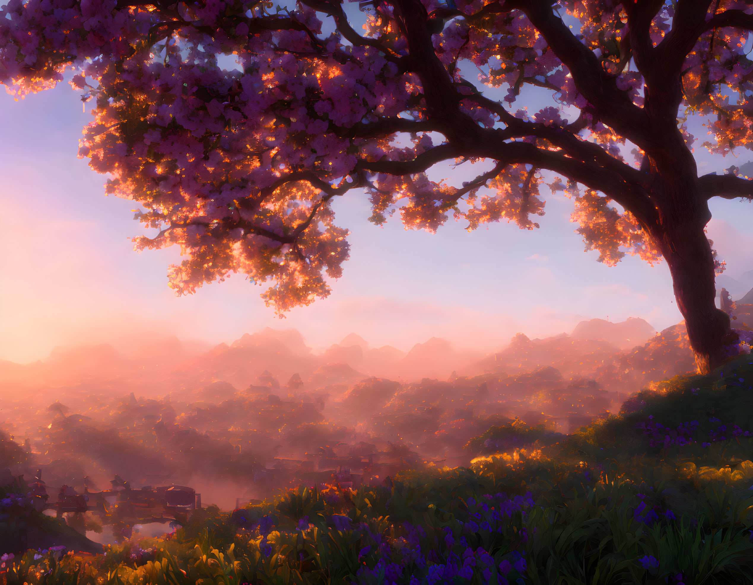 Tranquil sunrise landscape with cherry blossoms and misty mountain village