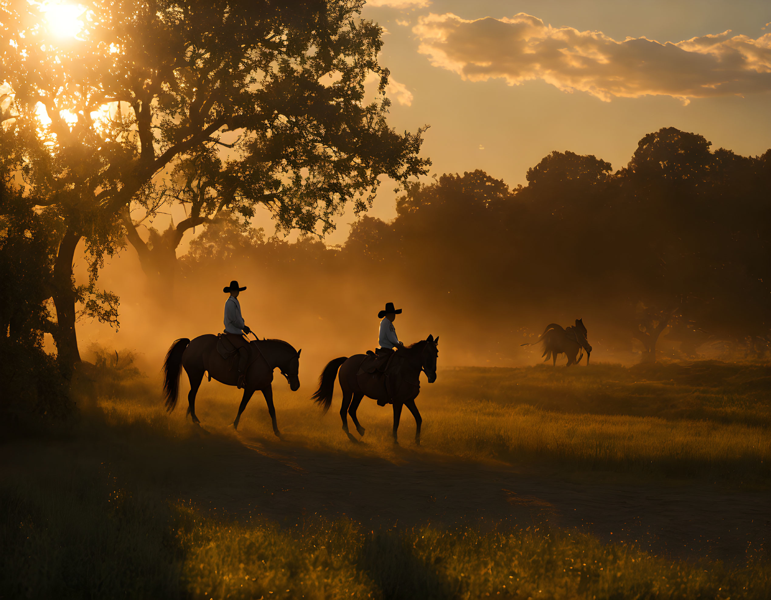 Cowboys on horses in golden sunset landscape.