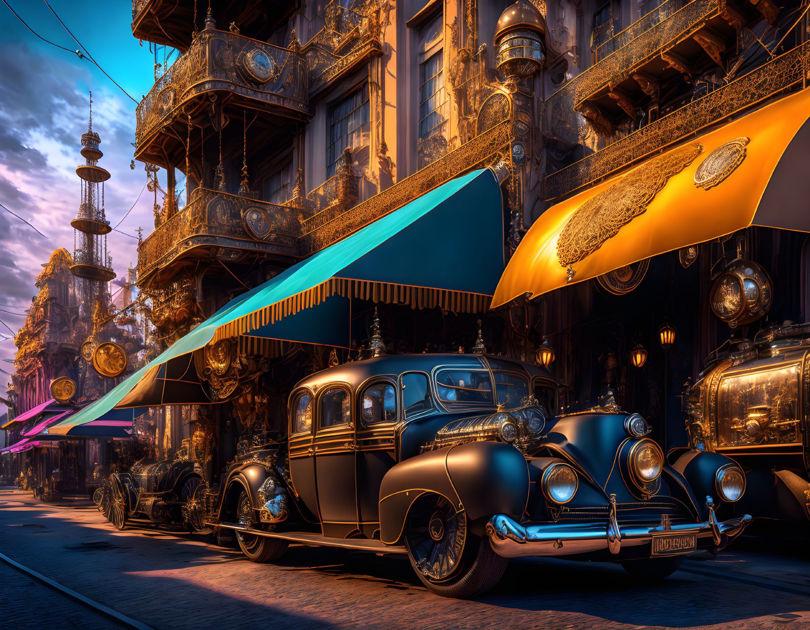 Classic Cars Parked on Cobblestone Street at Sunset