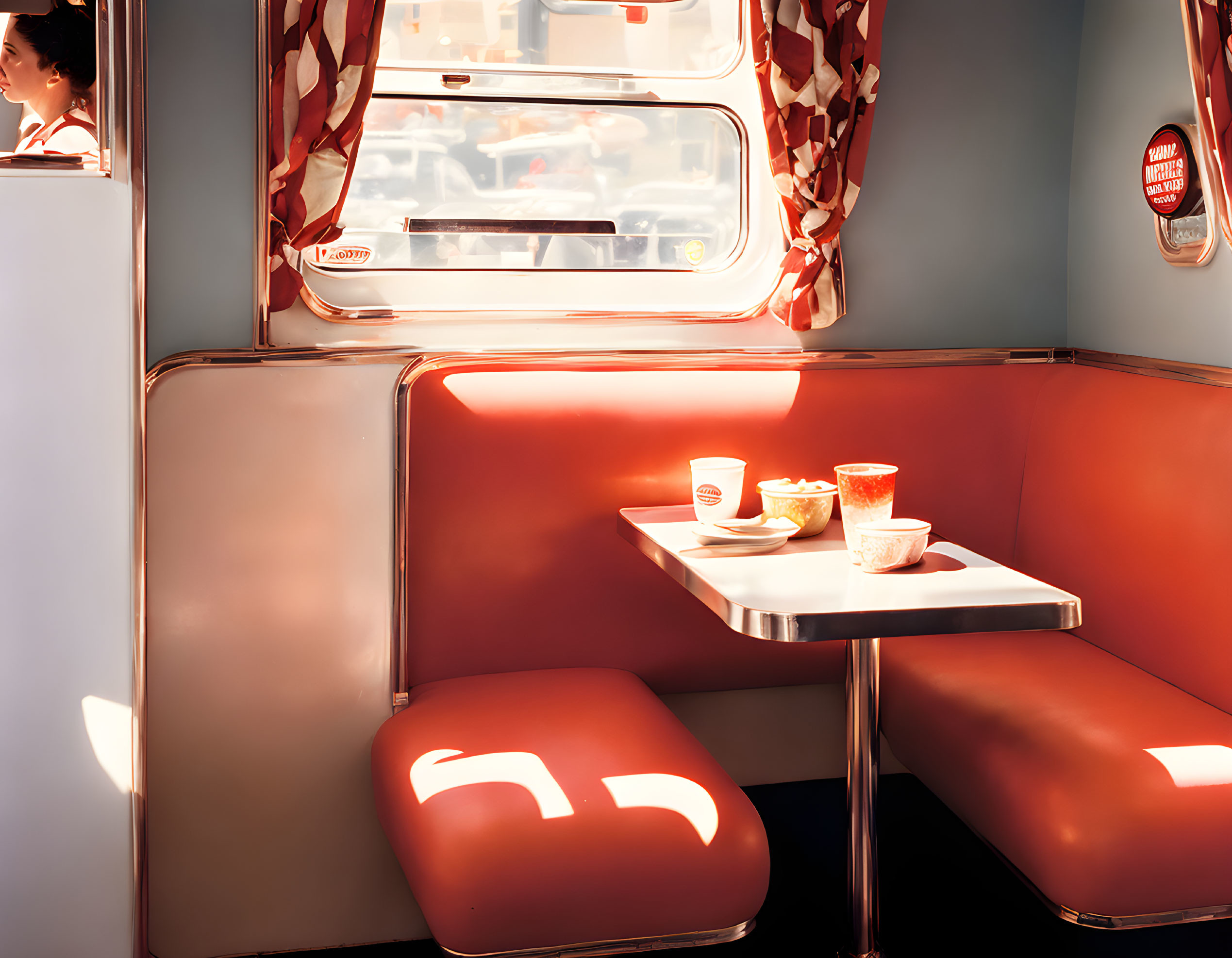 Vintage Diner Booth with Red Seats and Coffee Cup on White Table