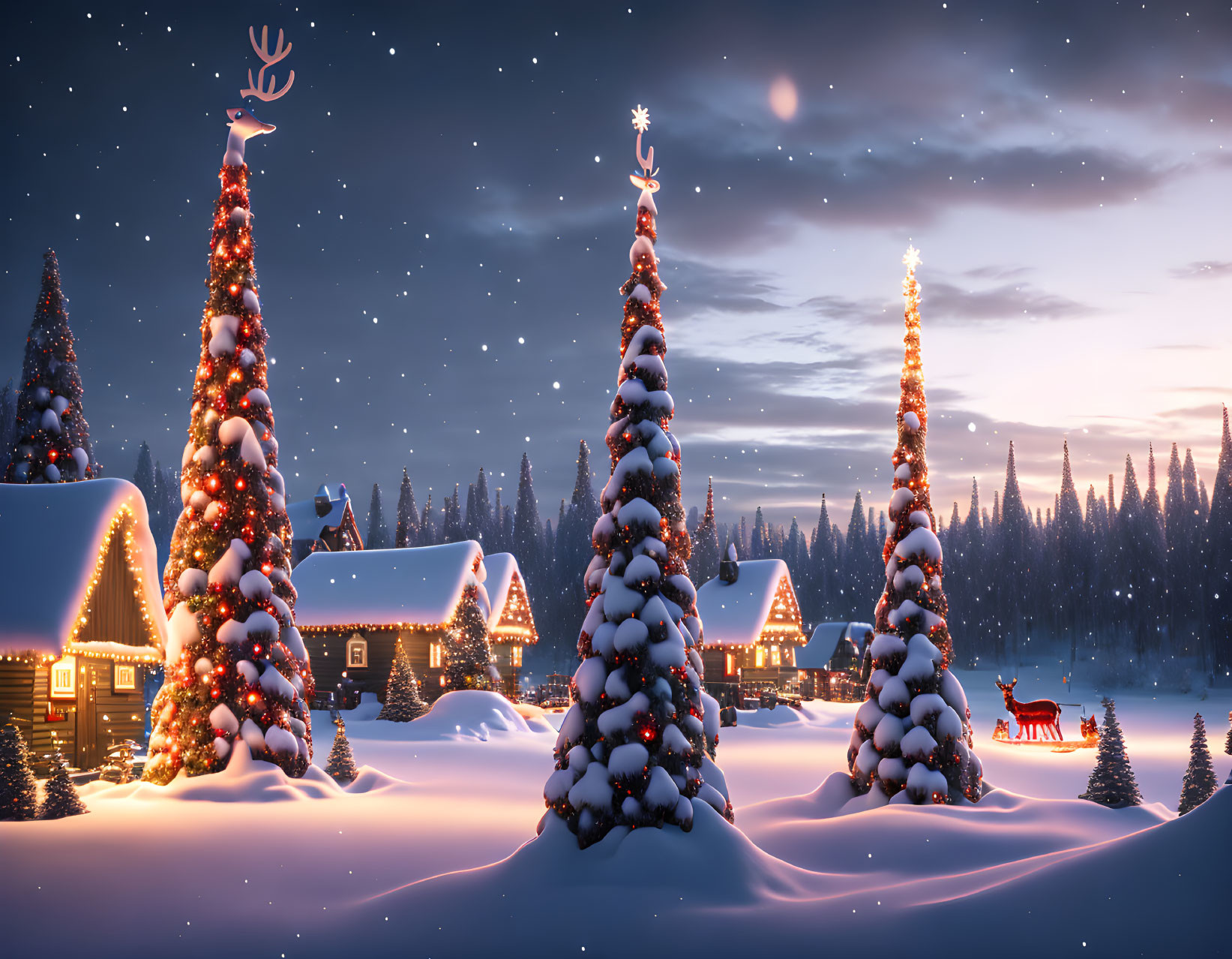 Snow-covered houses and Christmas trees in serene winter night scene