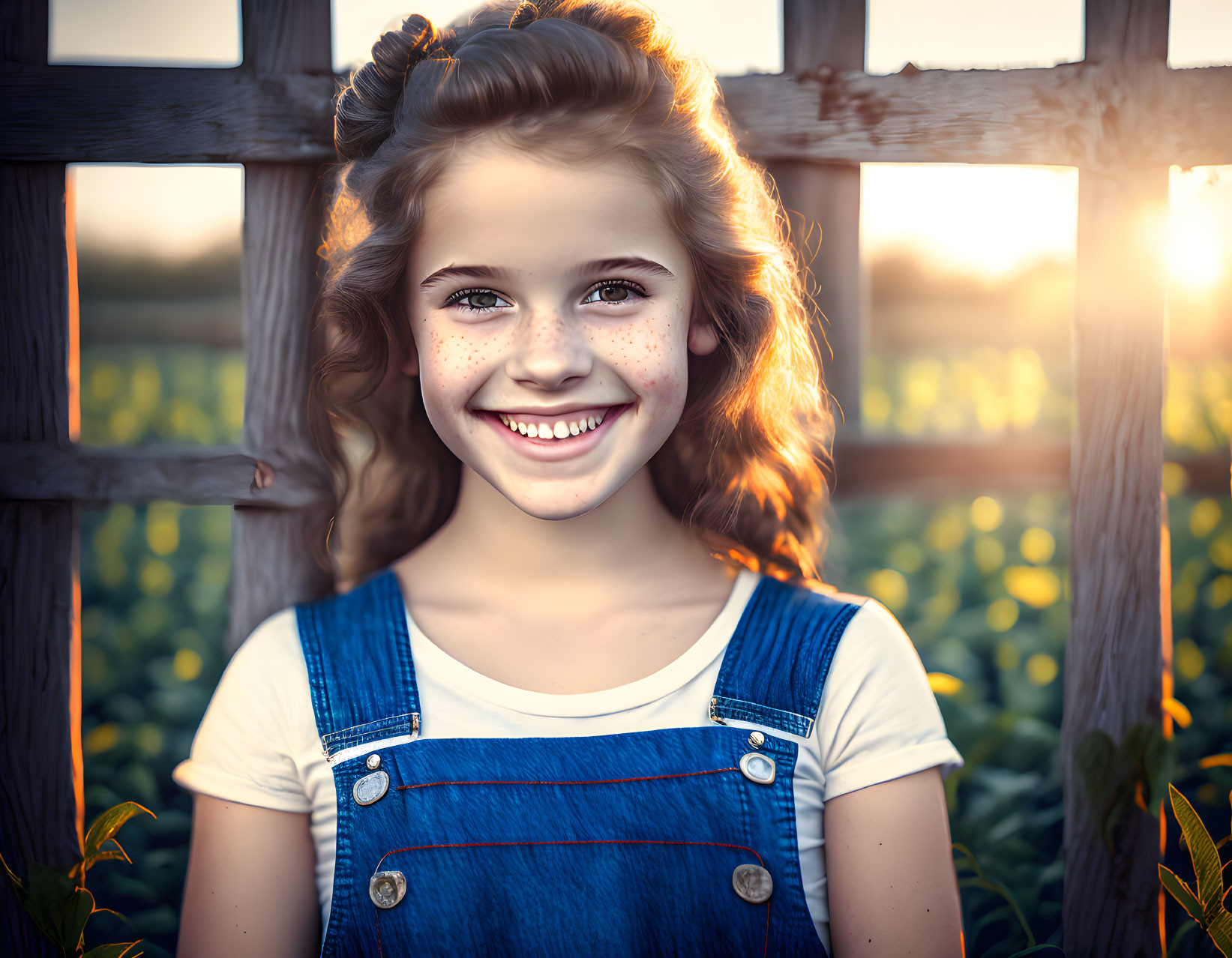 Young girl with curly hair and freckles in denim overall smiles near wooden fence