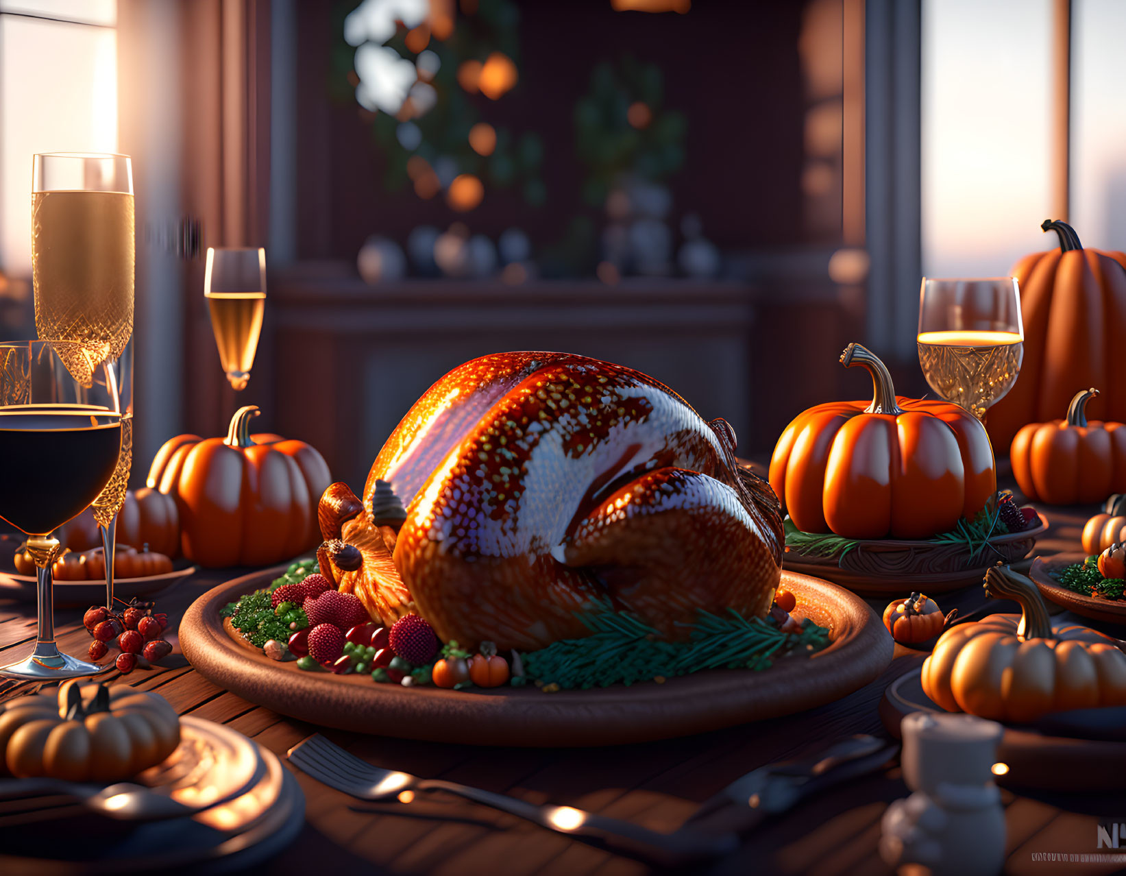 Thanksgiving dinner setup with golden-roasted turkey, pumpkins, berries, and champagne in warm lighting