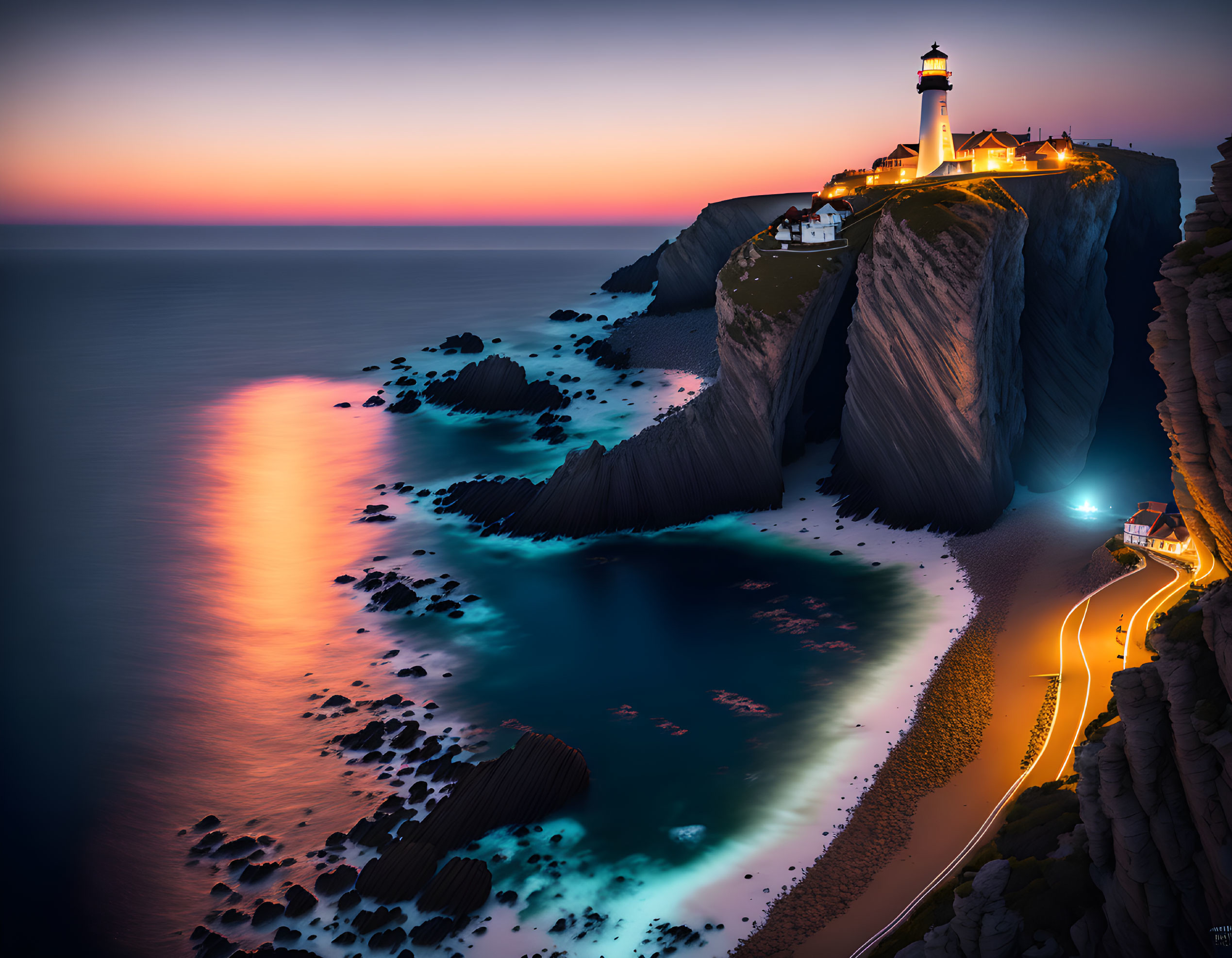 Scenic lighthouse on cliff with sunset ocean view