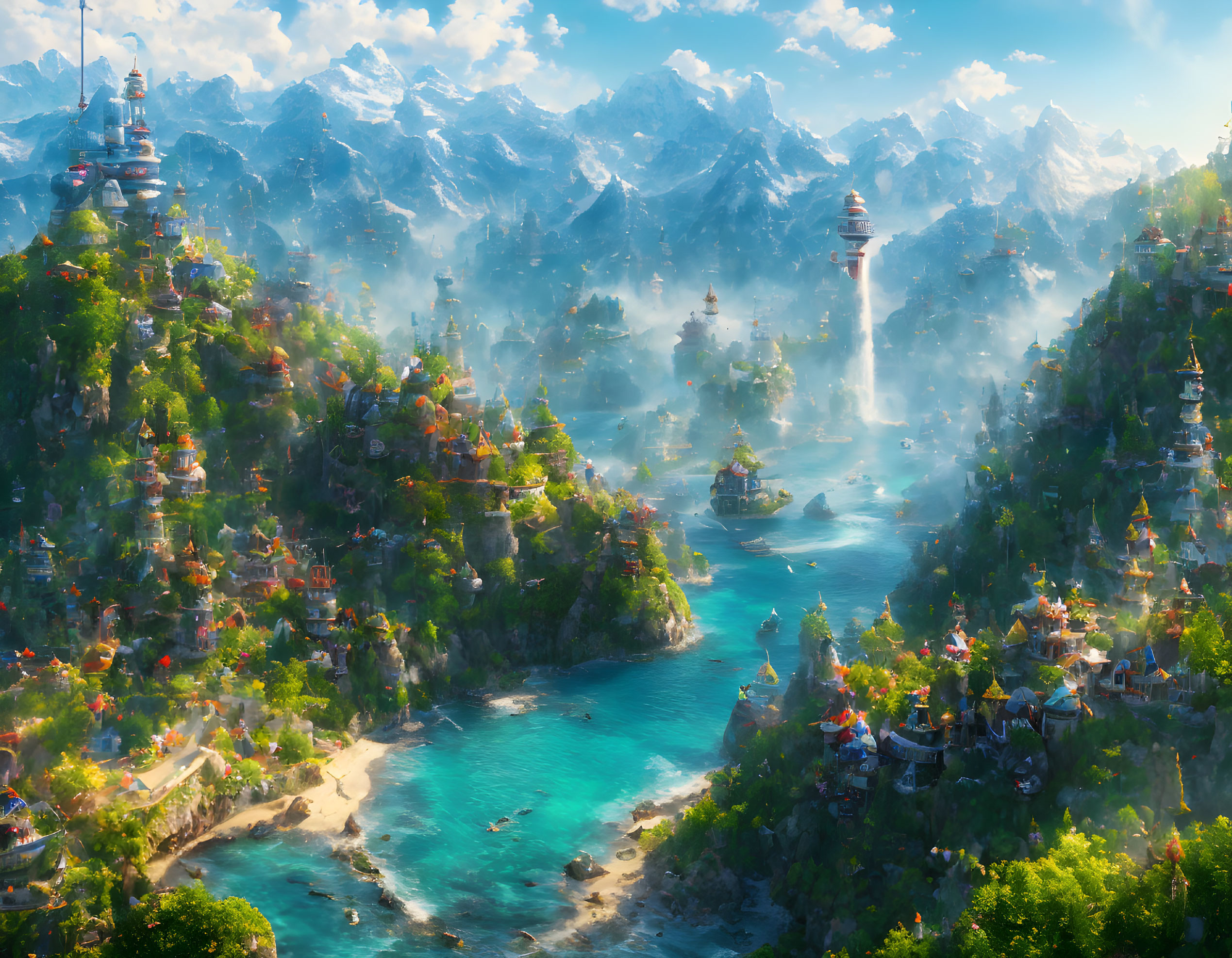 Fantastical landscape with pagoda-style buildings, misty mountains, lush greenery, and serene