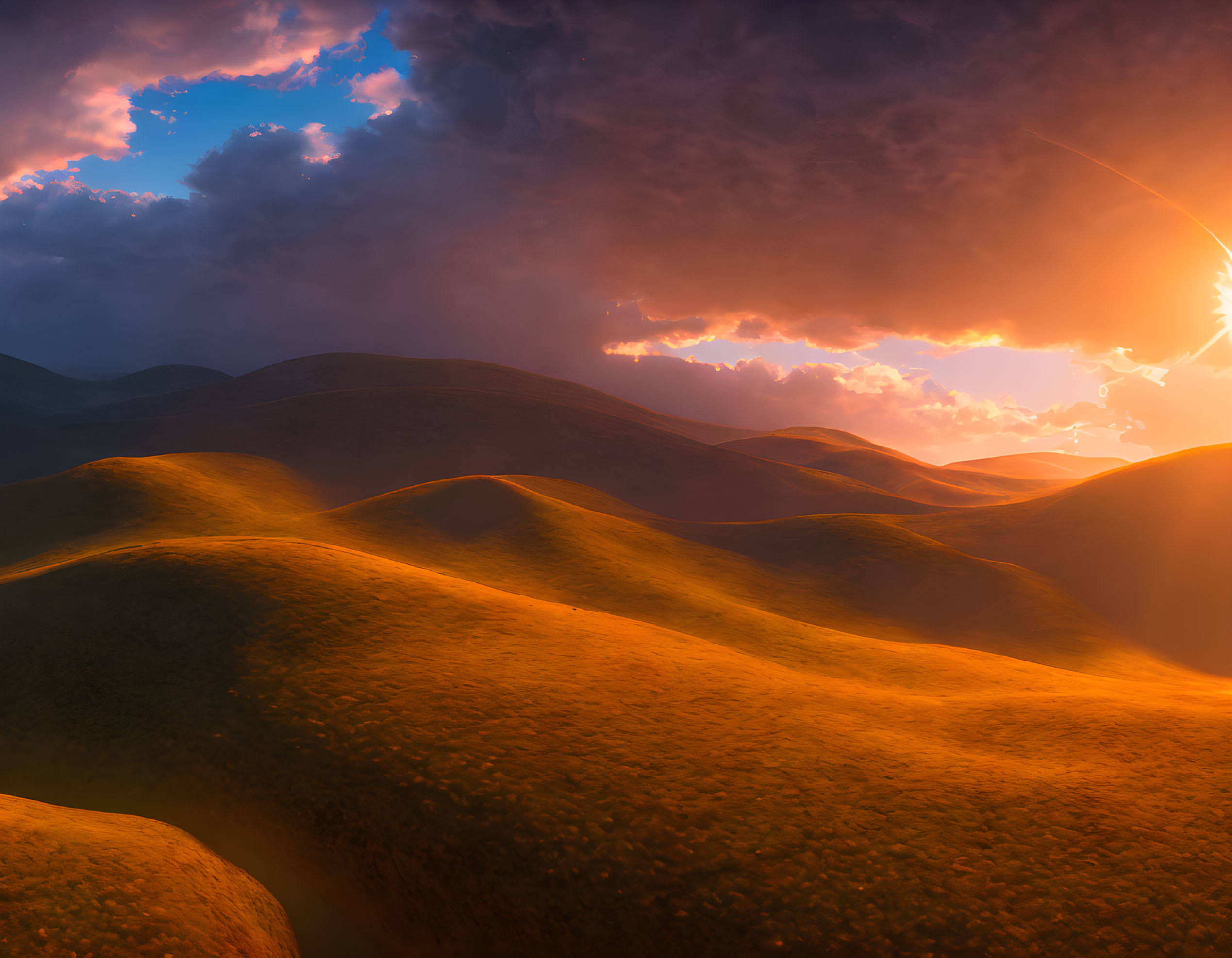 Dramatic landscape: rolling hills, golden sunset, lightning strike