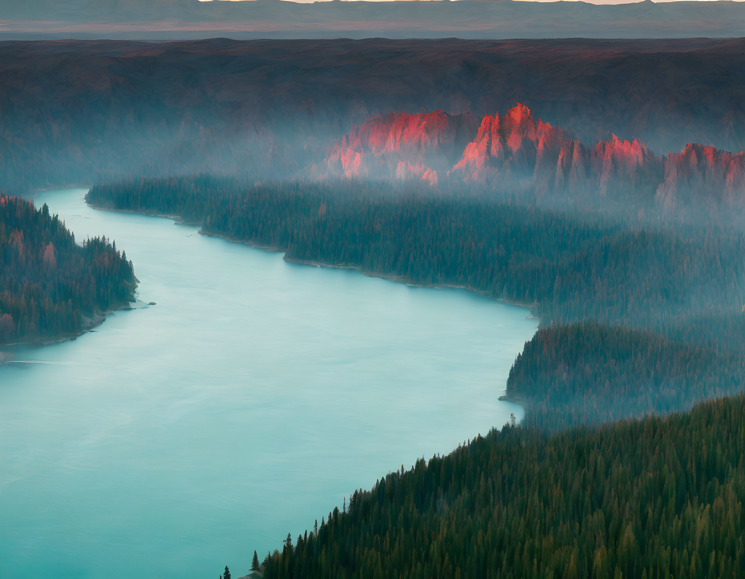 Aerial View of Winding River Through Forest and Mountains at Sunset