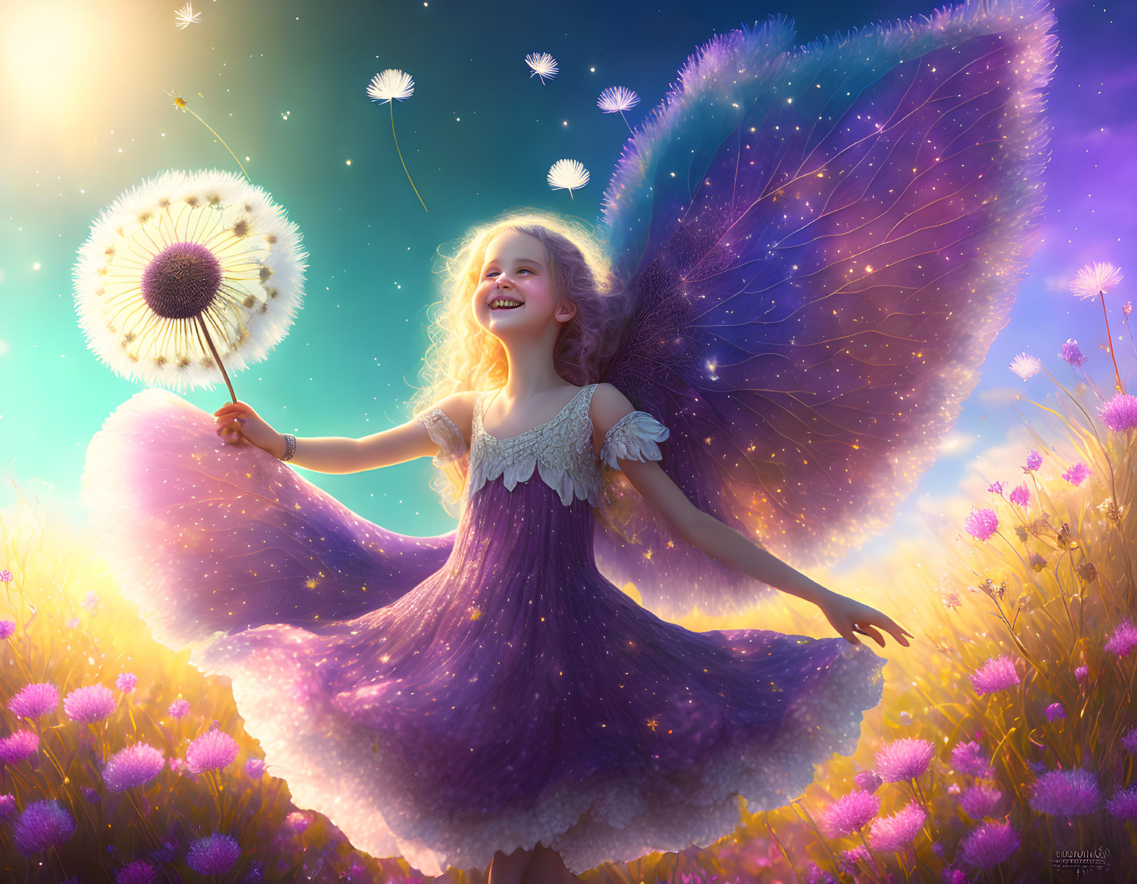 Joyful girl with fairy wings holding dandelion in magical sunlight