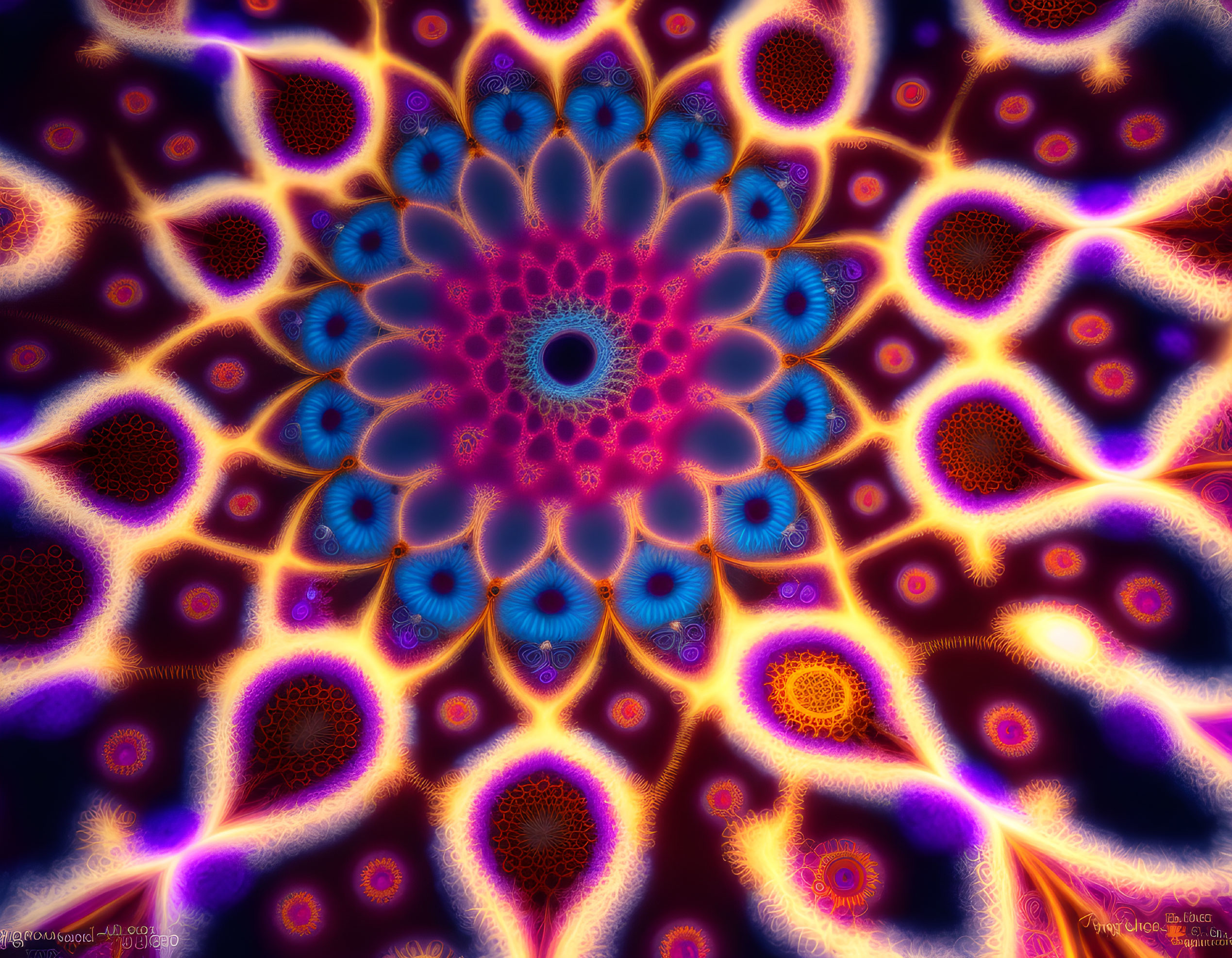 Symmetrical digital fractal image in purple, orange, and blue hues with central floral design