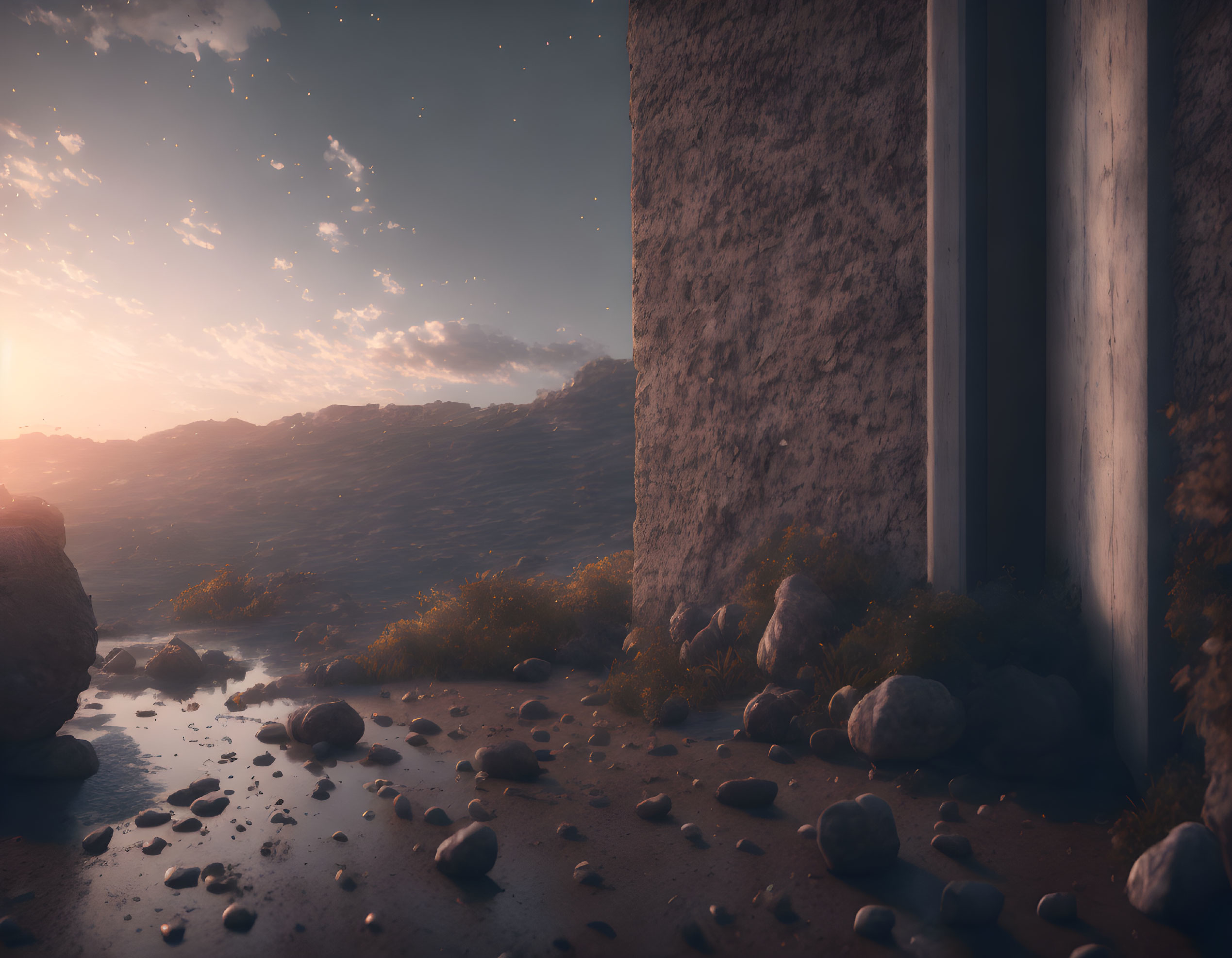 Tranquil landscape at sunset with textured wall, pebbles, grass, and calm water under